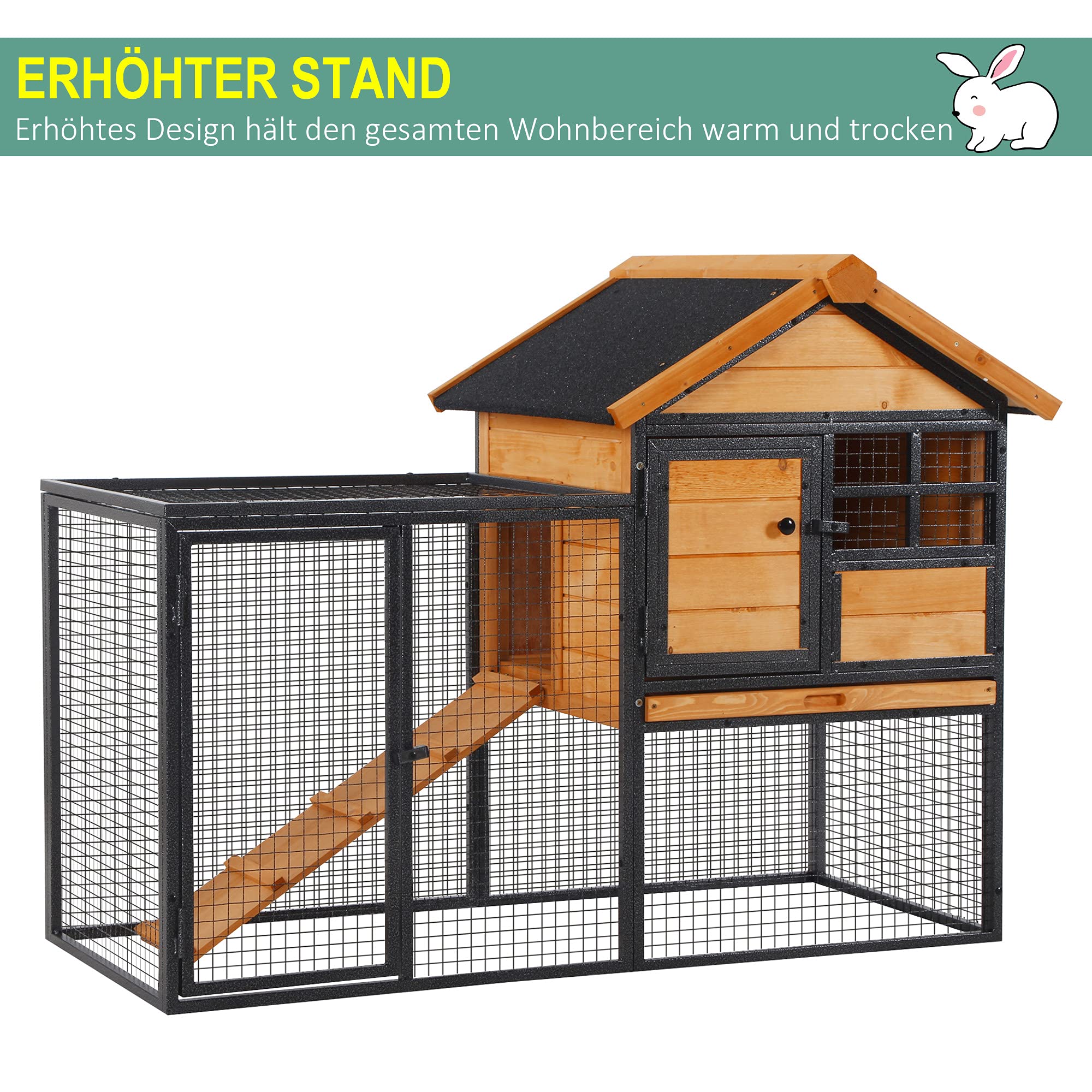 PawHut Kaninchenstall erhöhtes Haustier Haus Kleintierstall mit Freilaufgehege, Abschließbare Tür Outdoor Holz-Metall Hellgelb 122 x 63 x 92 cm