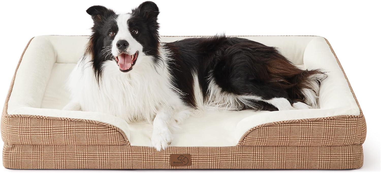 Bedsure Orthopedic Dog Bed for Large Dogs - Big Washable Dog Sofa Beds Large, Supportive Foam Pet Couch Bed with Removable Washable Cover, Waterproof Lining and Nonskid Bottom, Brown Checks 35.0"L x 25.0"W x 6.5"Th Plaid-Brown