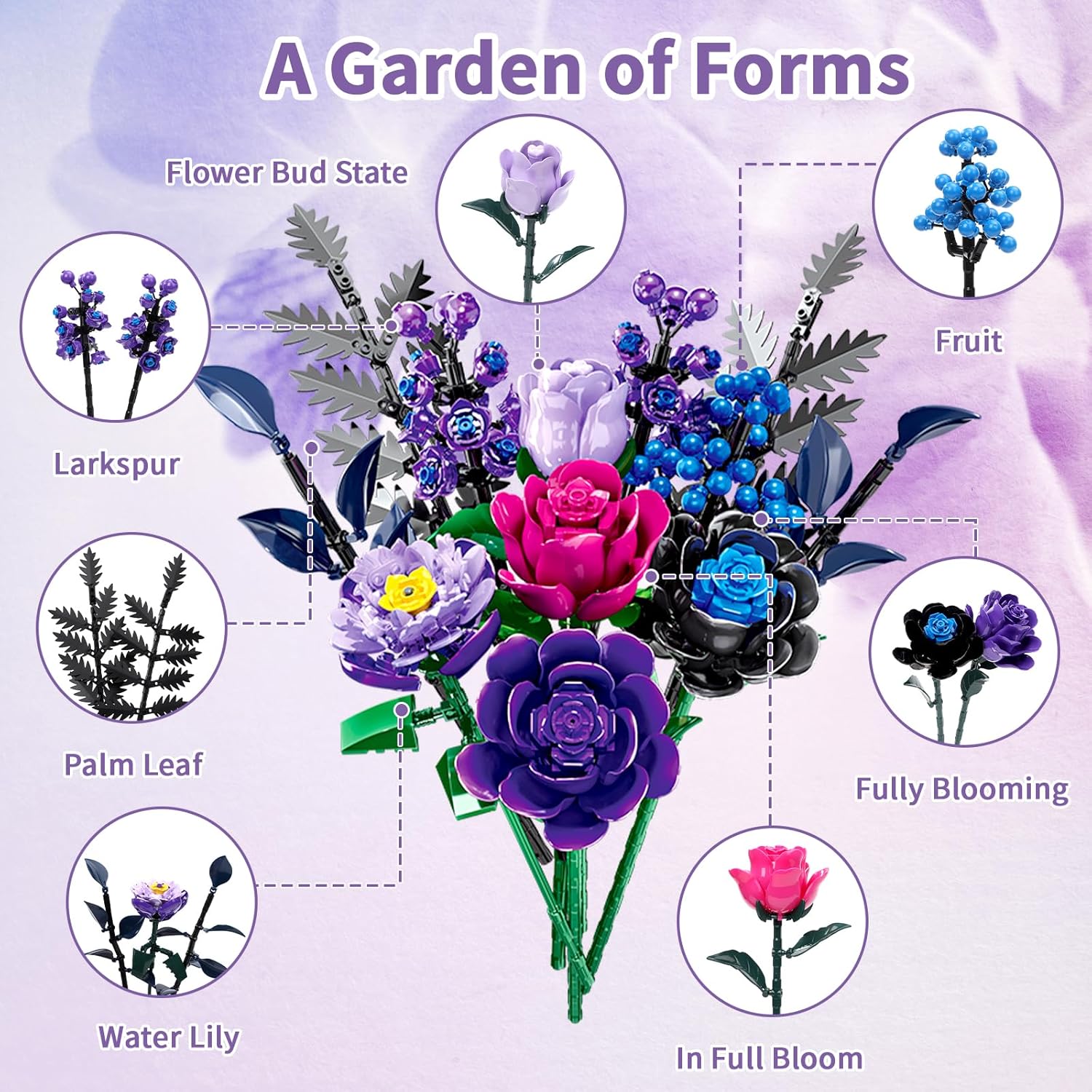 759 Pcs Purple Rose Flower Bouquet Building Set, Botanical Collection Kit Artificial Fake Flowers Blocks, Home Table Decor Aesthetic for Valentine's Day Birthday, DIY Craft, Floral Gift Without Vase