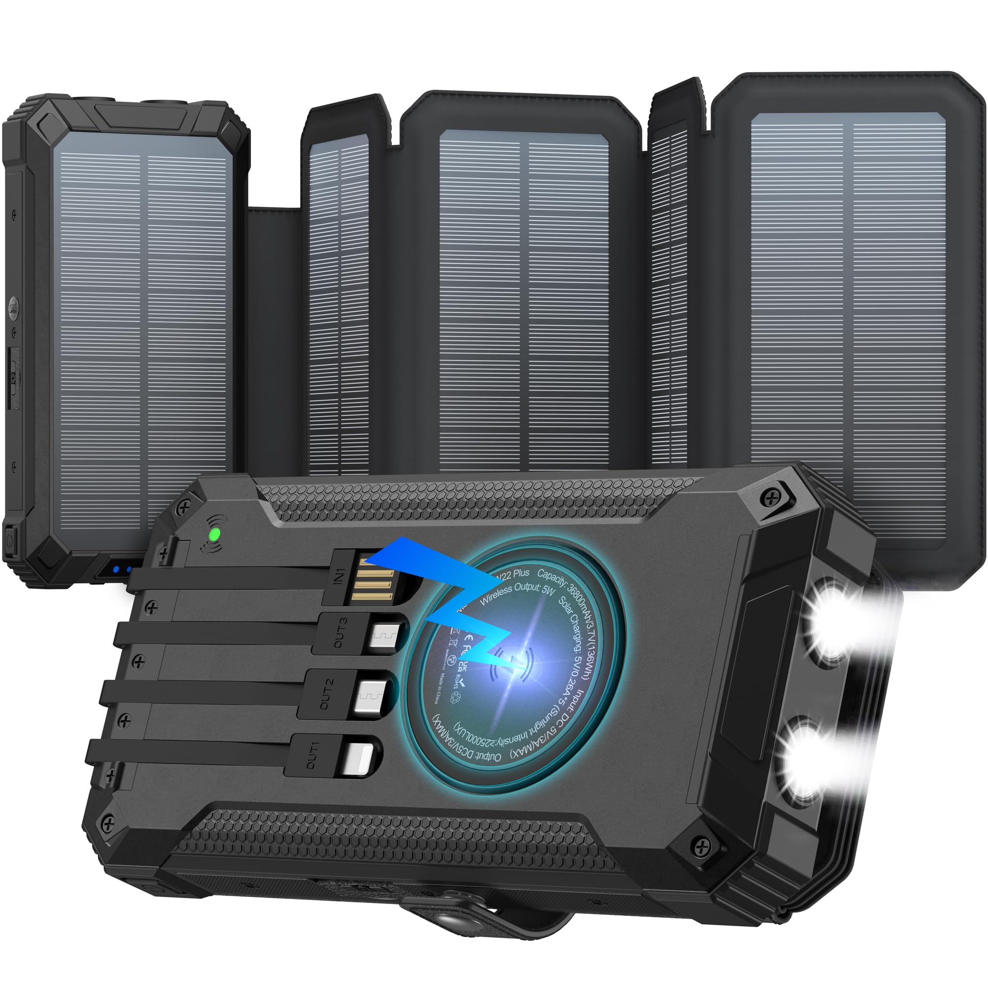 GOODaaa Solar Charger Power Bank, Portable Wireless Charger 36800mAh with Five Solar Panels Built-in Four Cable Five Outputs Outdoor Battery Pack for Cell Phone with Dual Flashlights, Carabiner