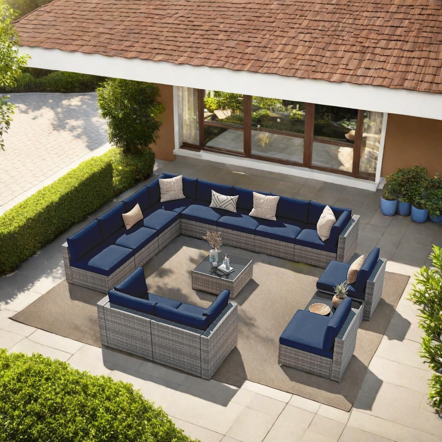 14-Piece Outdoor Rattan Sectional Sofa Set, Wicker Patio Furniture with Coffee Table, Navy Blue Cushions, Patio Conversation Set for Your Villa, Balcony, Porch, Backyard