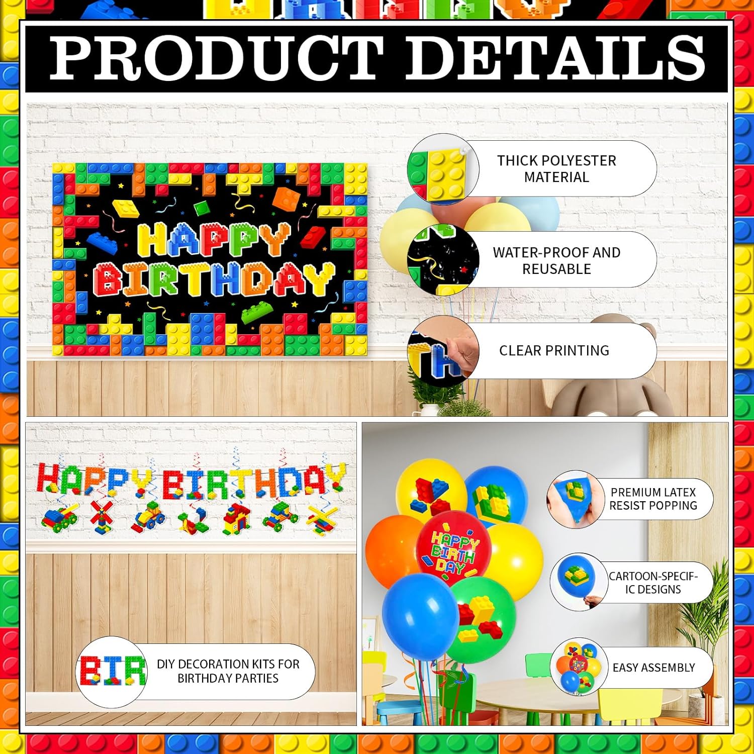198Pcs Building Block Birthday Party Decorations with Plates, Napkins,Cups,Banner,Backdrop,Tablecloth, Balloons,Cake Toppers,Honeycombs for Boys Kids Birthday Party Supplies Serve 24 Guests