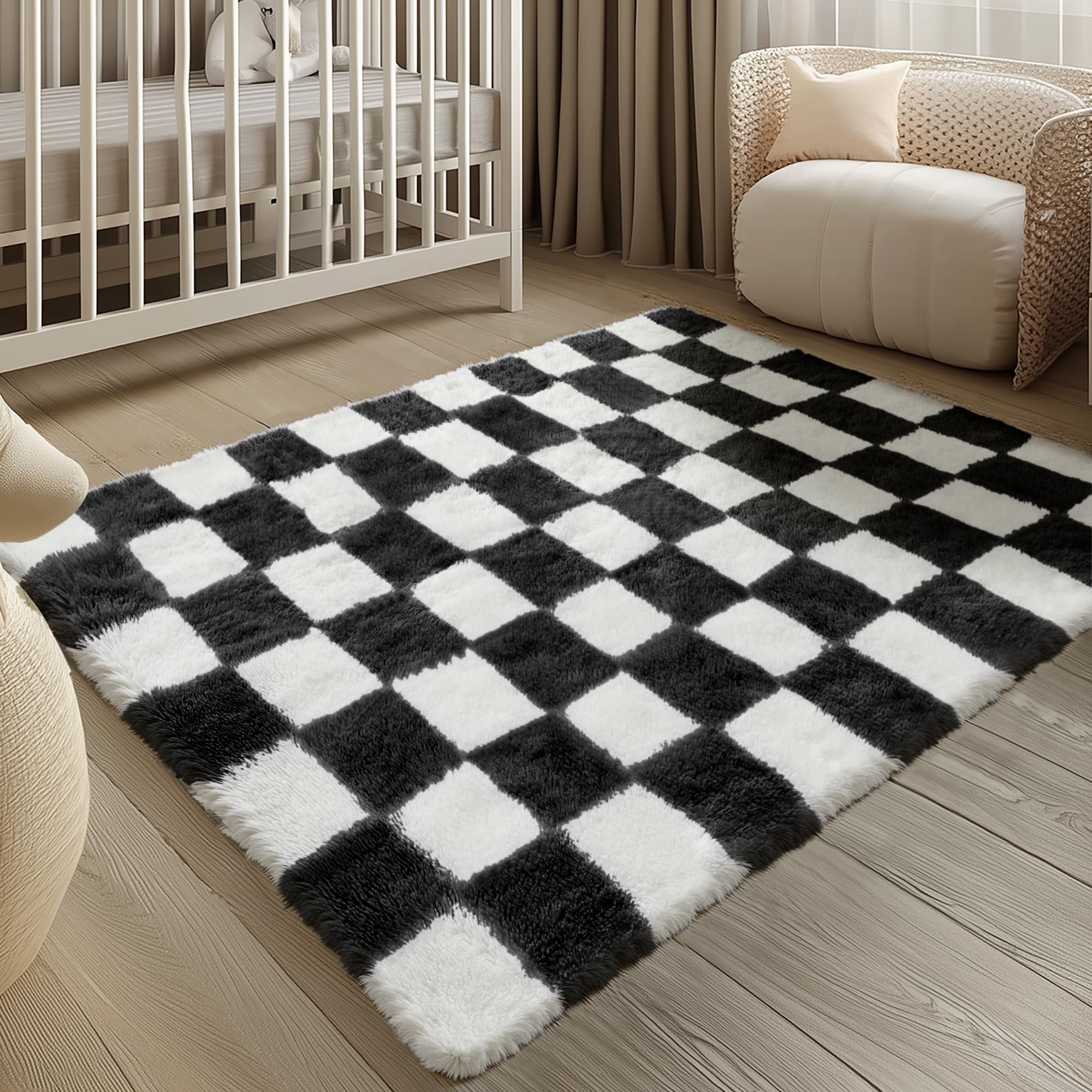 HUGEAR Kariert Flauschig Teppich Wohnzimmer 120x180 Teppiche Schwarz Weiß Shaggy rutschfest Kinderzimmer Mädchen Junge Carpet Schlafzimmer Hochflor Weich Groß Carpets