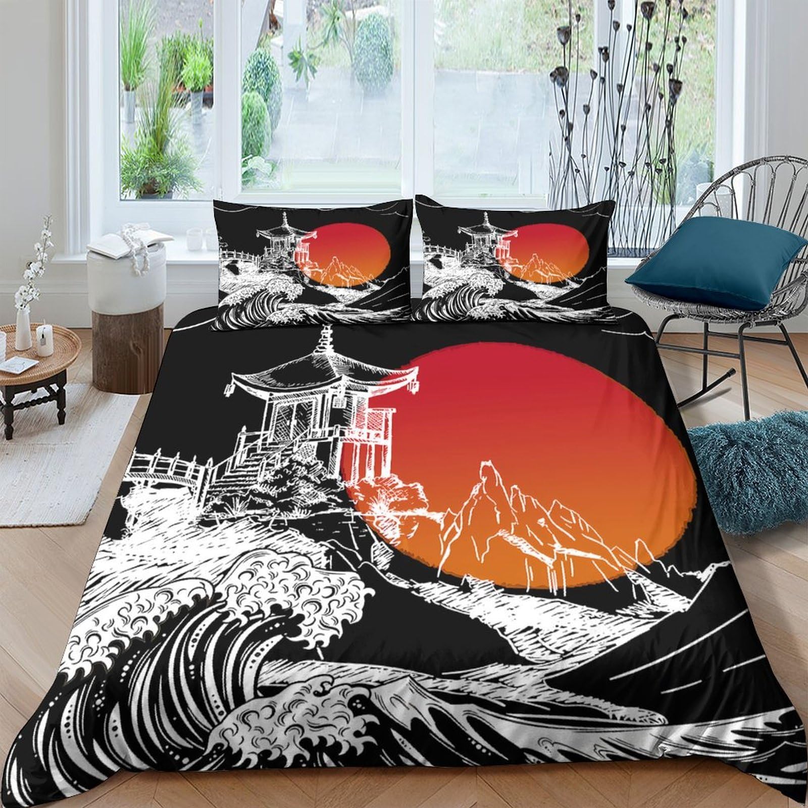 Ctjqhvkz Style-8 3D Printed Japanese Temple Fitted Sheet Microfiber Red Sun Wave Mattress Cover For Bedroom Dorm Protection Decor Single（135X200cm）
