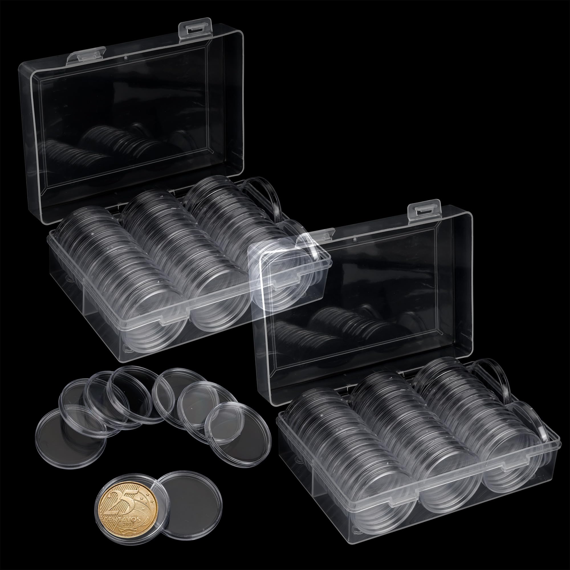 Axigundaone 100 Pieces Silver Dollar Coin Capsules, 40.6mm Clear Plastic Eagles Coin Capsules with Storage Organizer Box, Round Coin Collecting Case
