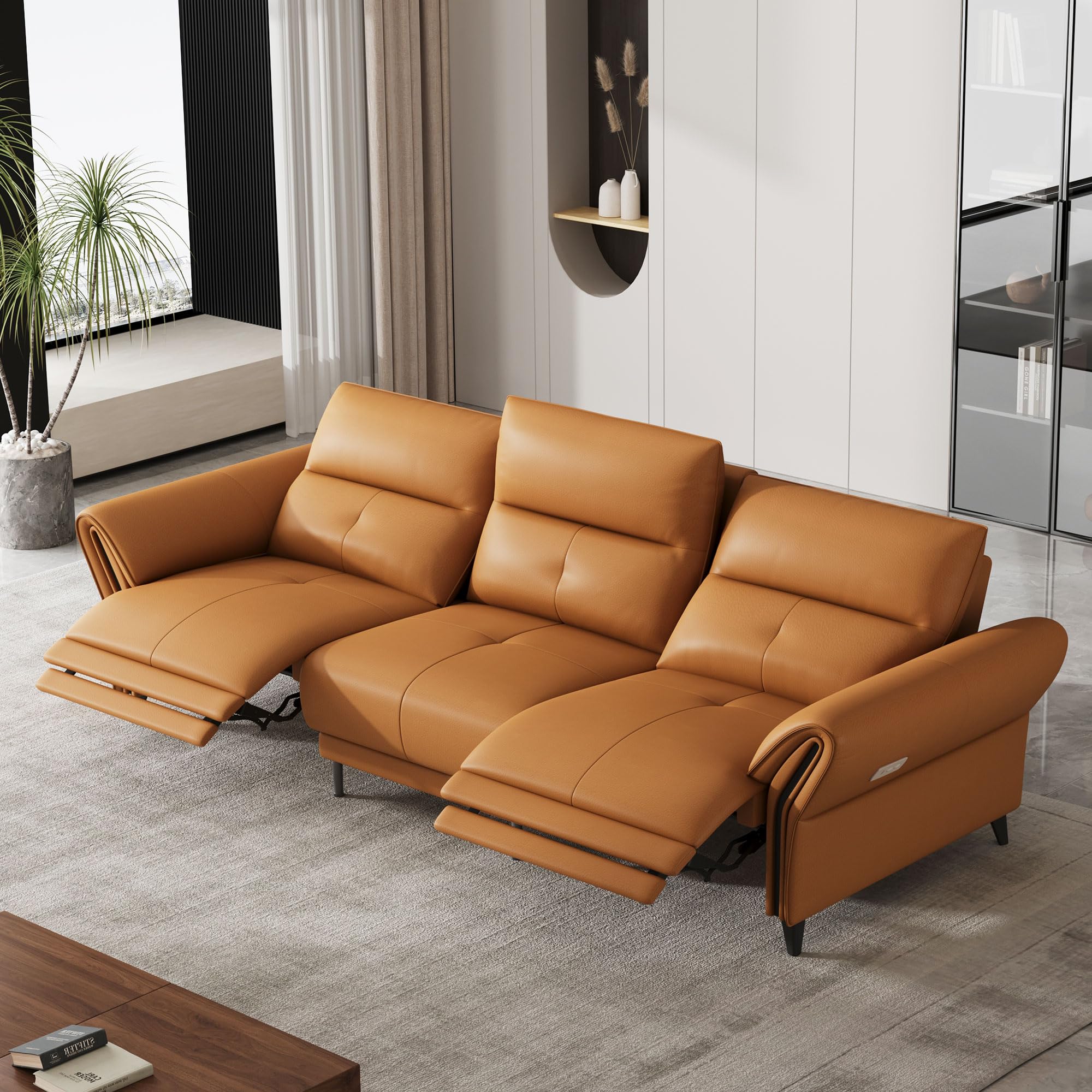 NessCarsti 112.5" Dual Motor Power Reclining Sofa, Faux Leather 3-Seater with Adjustable Headrests, Plush Living Room Furniture with Sturdy Metal Legs