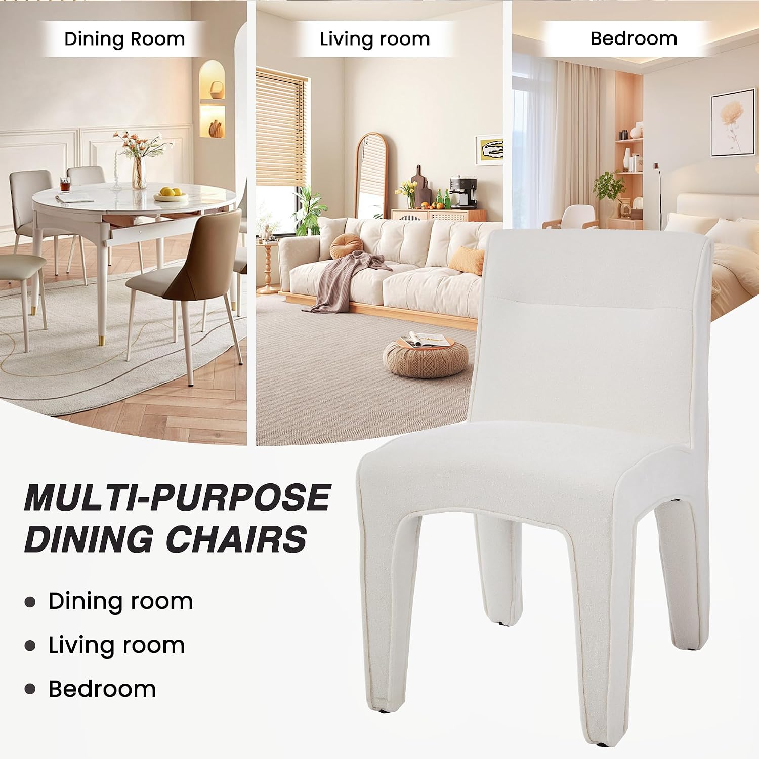 HNY Upholstered White Chenille Dining Chairs Set of 2, Mid Century Modern Armless Kitchen & Dining Room Chairs with Fabric-Wrapped Legs, Comfy Accent Side Chair with for Kitchen Living Room Bedroom