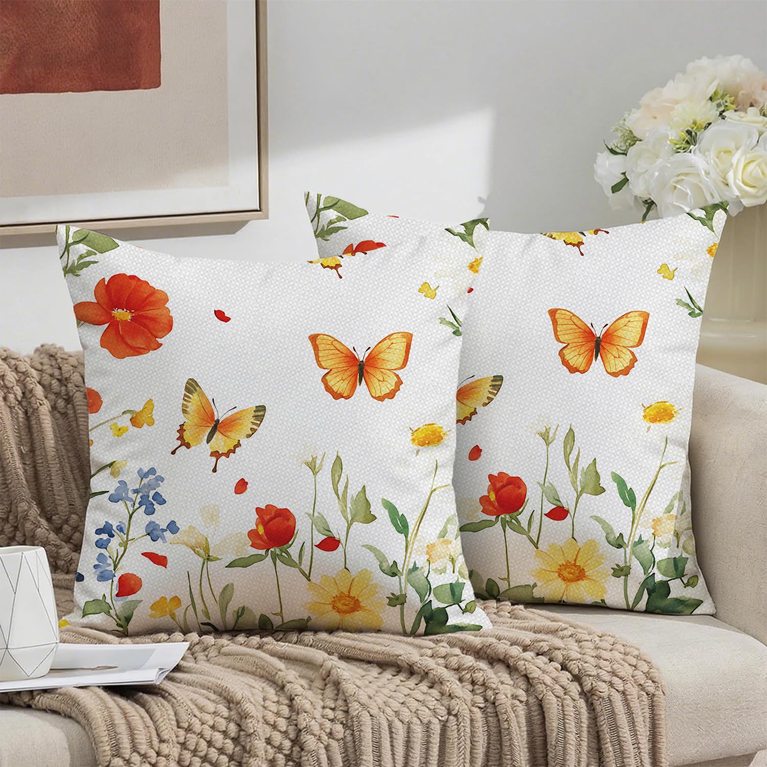 THISFIND Floral Butterfly Pillow Cases Set of 2 Soft Cotton Pillow Covers Decorative Flower Print with Butterflies 18x18