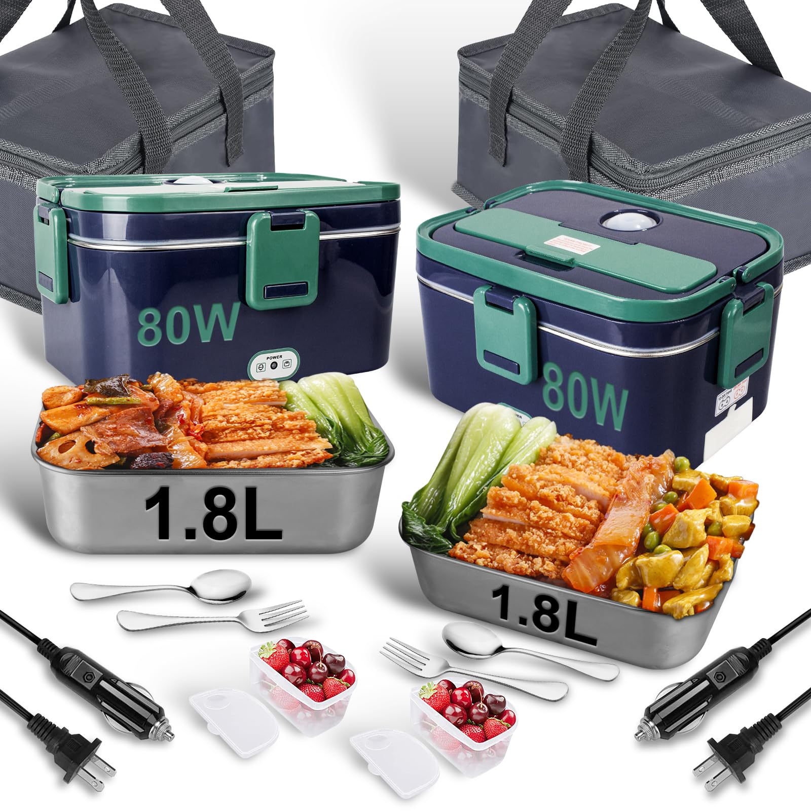 unuaST Electric Lunch Box 80W 2 Pack with 1.8L 304 Stainless Steel Container Food Heater 3 in 1 Portable Food Warmer Lunch Box for Car/Truck/Home, lunch boxes with spork & Insulated Carry Bag