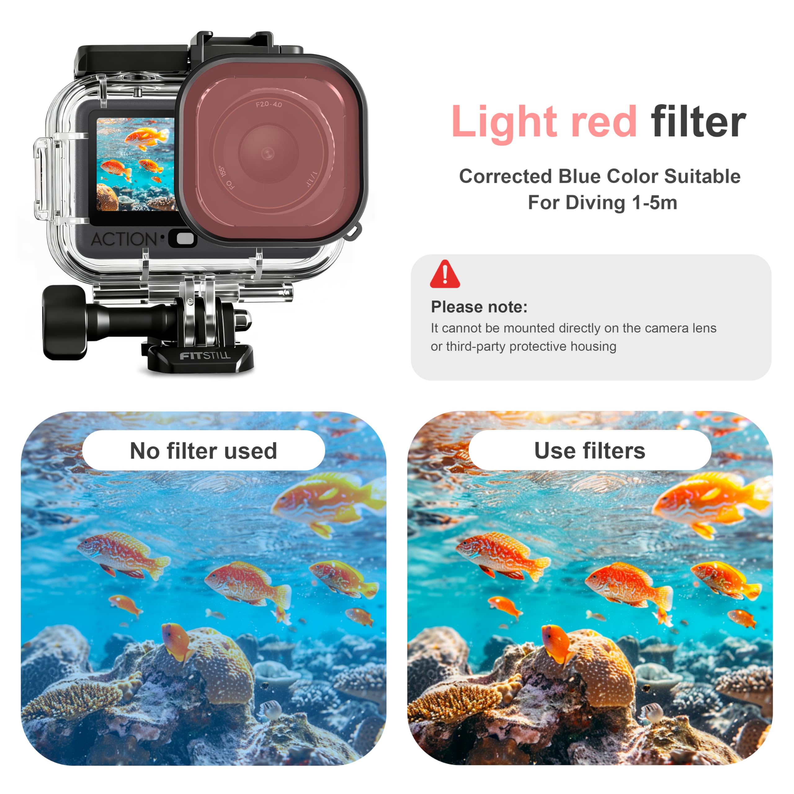 FitStill Uniwersalny zestaw do nurkowania do DJI OSMO ACTION 6, wodoodporna obudowa 196FT/60M i 3 filtry i uchwyt pływający zestaw do nurkowania, surfingu, nurkowania, etui ochronne, akcesoria