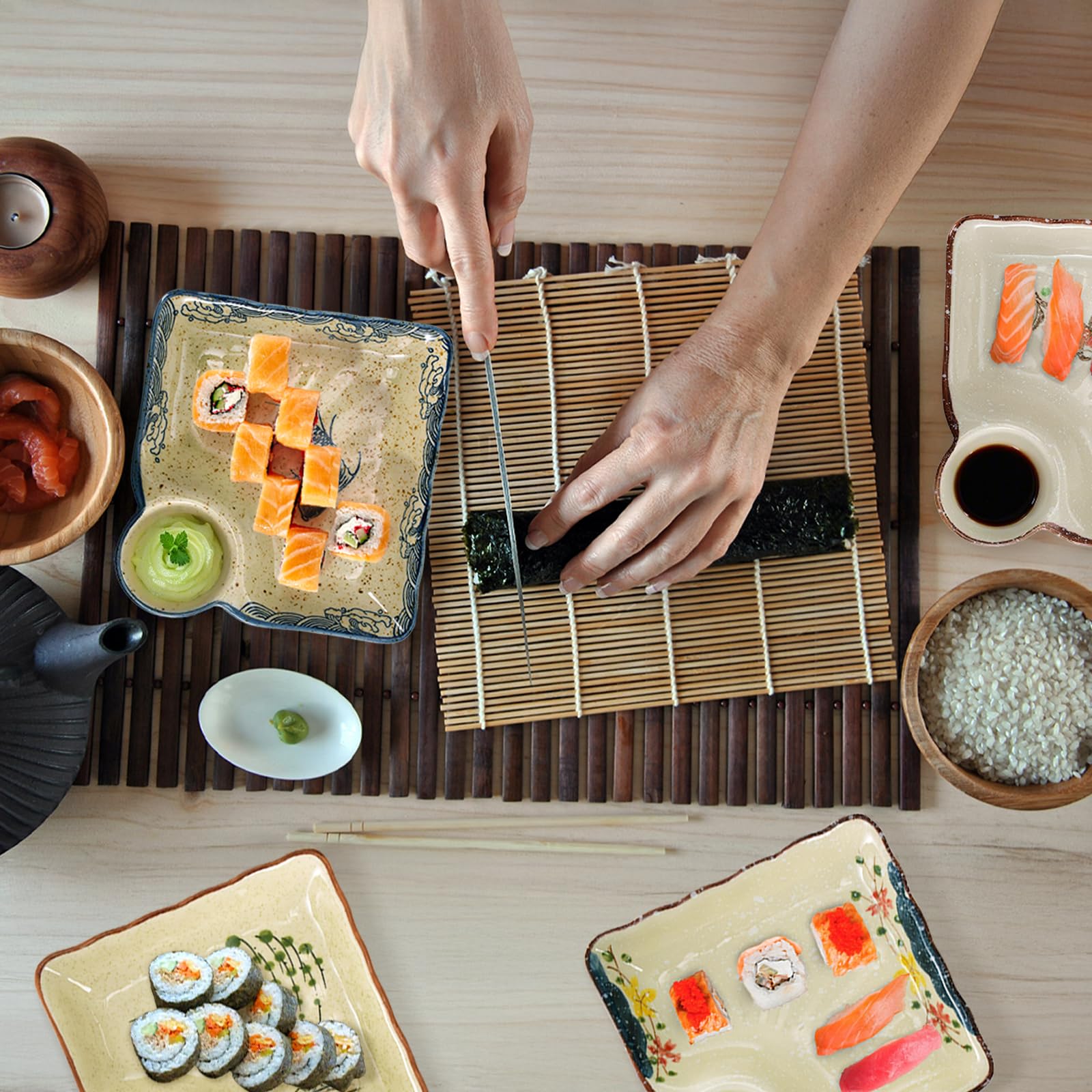 Paquete de 4 platos de cerámica para albóndigas con platillo, plato de sushi japonés de 7.3 pulgadas, plato de patatas fritas y salsa, plato dividido para aperitivos, embutidos, postres