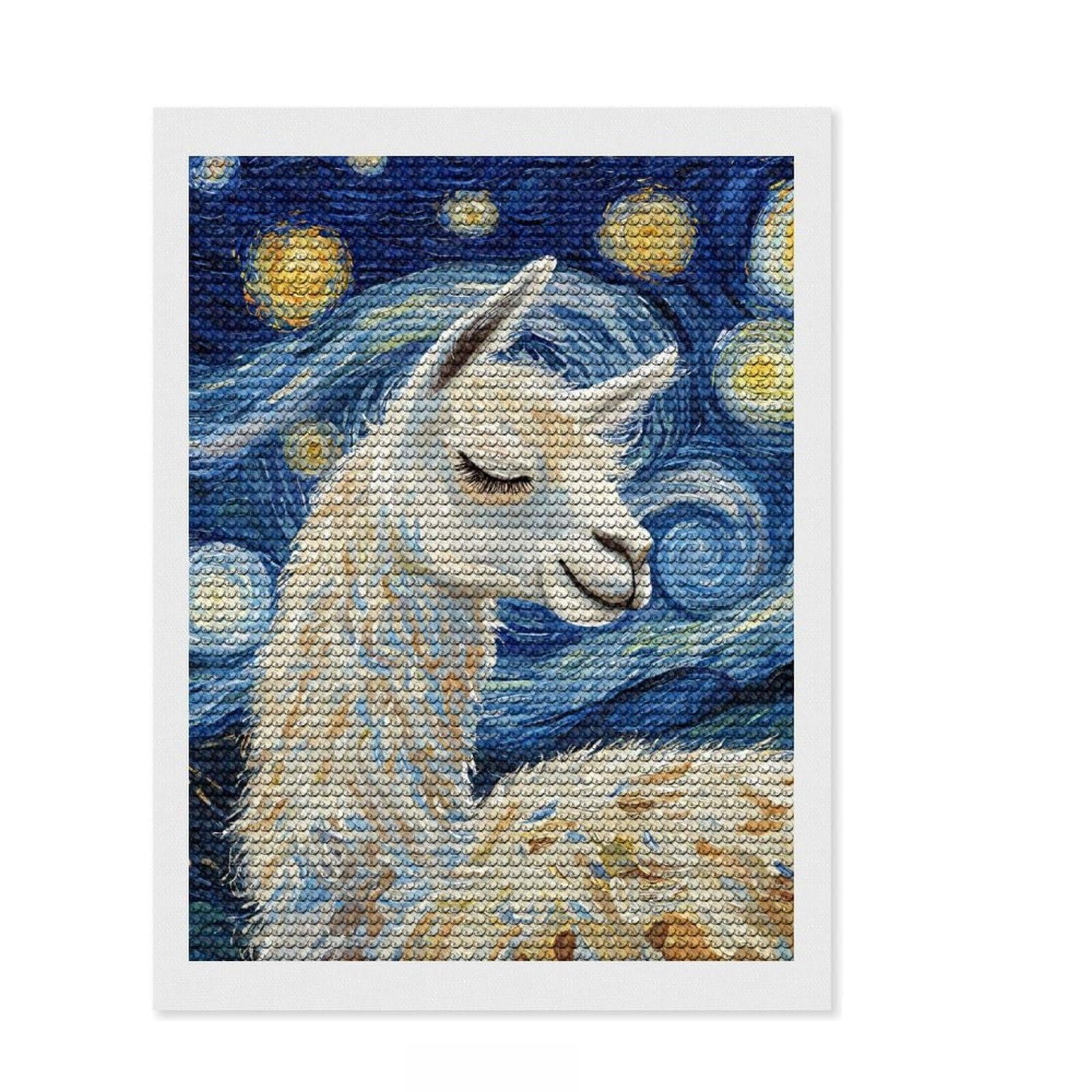 Junmoney Llama Sleeping Starry Night Full Drill Diamond Painting Kit 12"x16", Boho Decor, for Family Craft Time, Mindful Craft Activity, Gift Idea