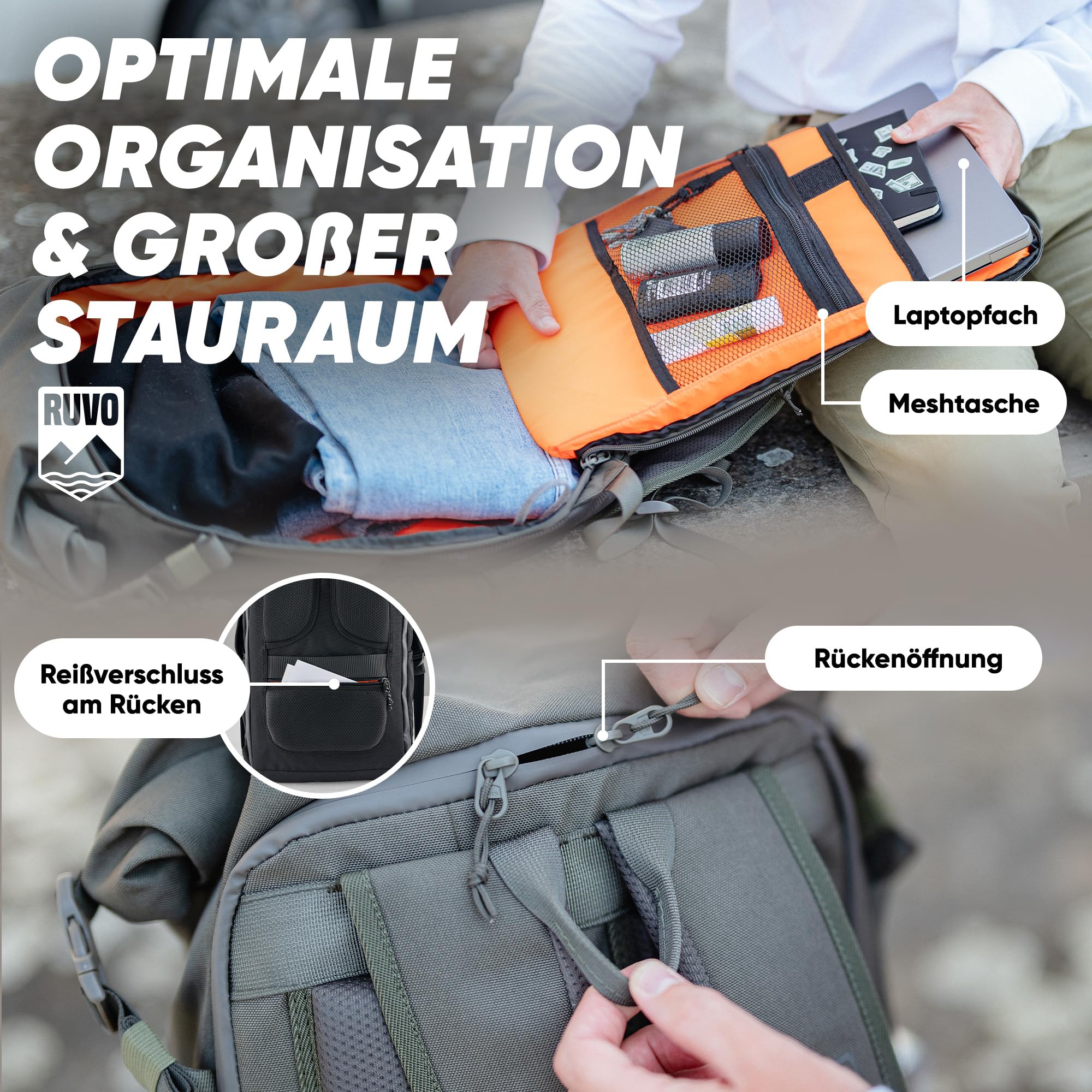 RUVO® Premium Rucksack I Rolltop Rucksack mit viel Stauraum, wasserabweisend & robuster Verarbeitung I Tagesrucksäcke für Arbeit, Reisen & Freizeit