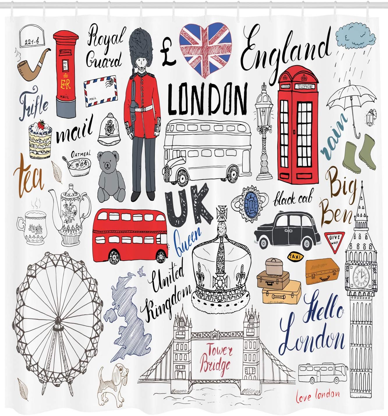 Ambesonne Hipster Shower Curtain, I Love London Double Decker Bus Telephone Booth Cab Crown of United Kingdom Big Ben, Cloth Fabric Bathroom Decor Set with Hooks, 105" Extra Wide, Dark Coral Grey