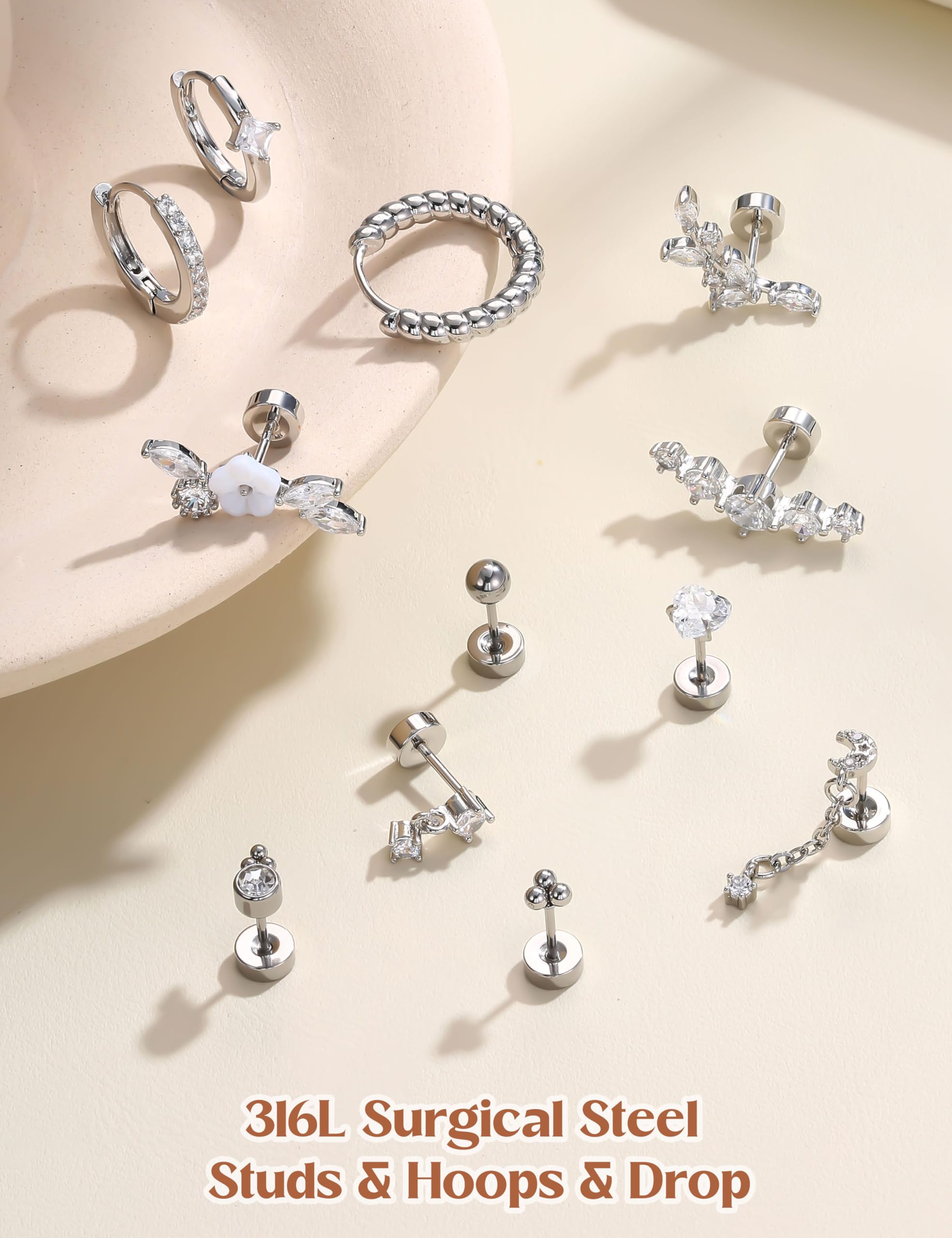HMJGDHX 12 sztuk Helix Piercing biżuteria srebrne złote kolczyki dla kobiet chirurgiczne stalowe kolczyki z płaskim tyłem Rook Daith Conch Tragus Piercing biżuteria małe Helix Hoop kolczyki na