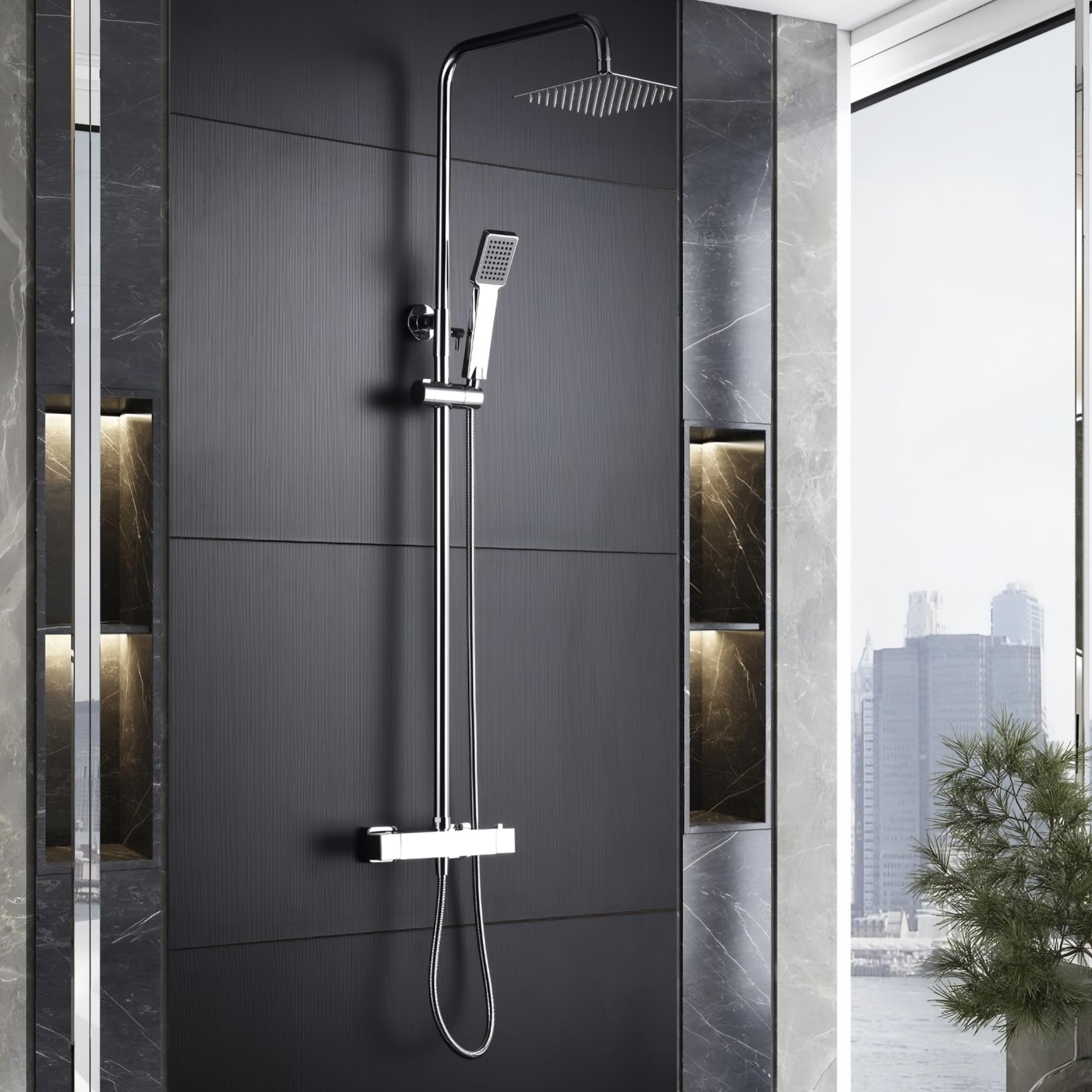 IMEX - Columna Ducha Termostatica con Grifo | Conjunto de Ducha con Alcachofa y Rociador Antical Efecto Lluvia | Griferia en Latón y Acero Inox S.304 con Barra Extensible | Serie Art | Color Cromado