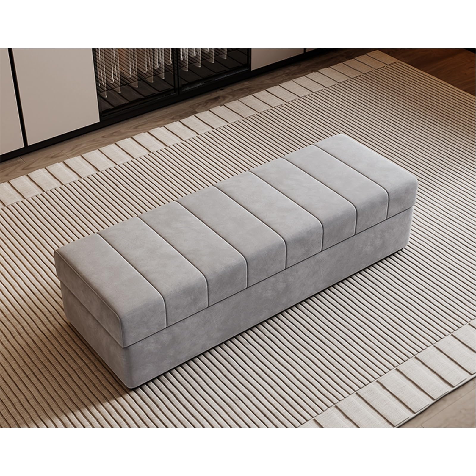 LMMIAOZ Extra Long Cat Claw Flannel Ottoman with Storage - Rectangular Footstool & Shoe Bench for Bedroom & Living Room - Gray Change Stool & Foot Rest