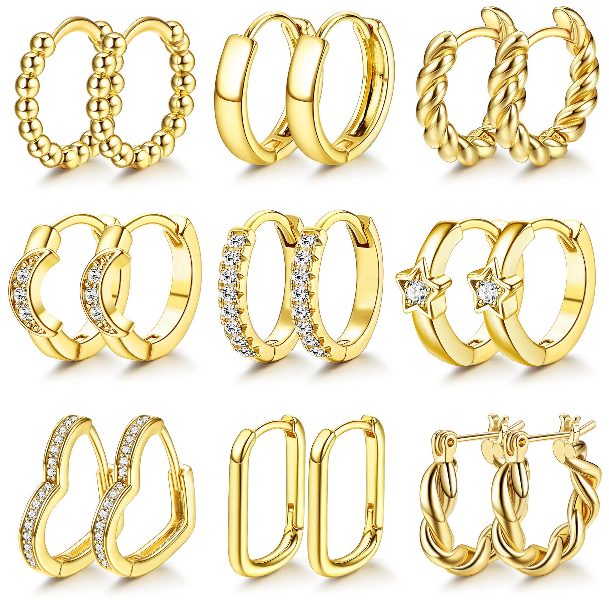 JeweBella9 Pares Pendientes de Aro Oro para Mujeres Niña 14k Dorados Pequeño Pendientes de Aro Entrelazados Zirconia Corazón Estrella Cartílago Huggie Hipoalergénico Conjunto de Pendientes de Aro