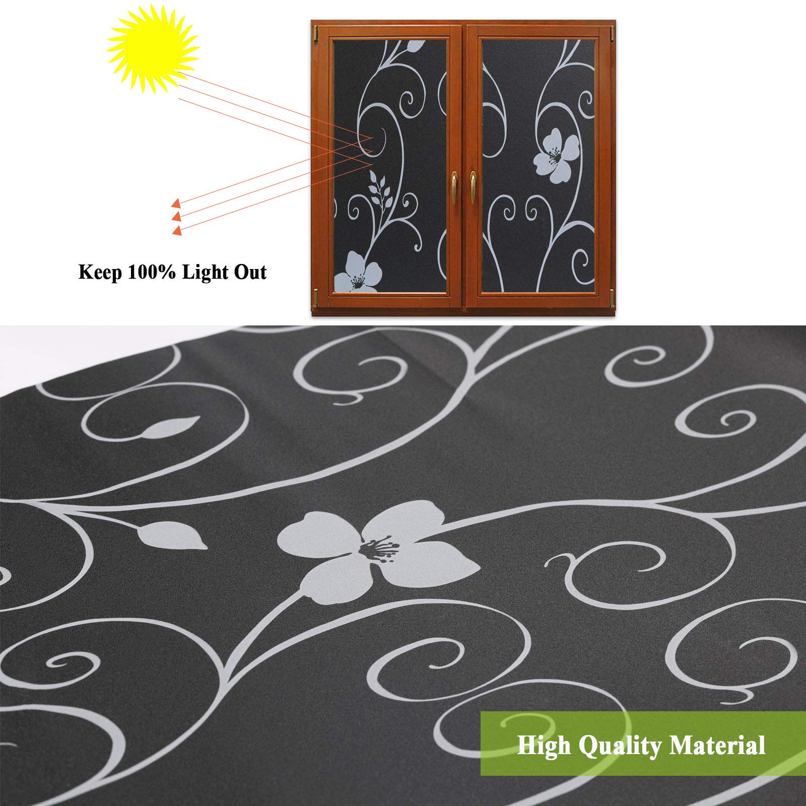Iron Flower Film de fenêtre occultant pour fenêtre – Film de porte en verre bloquant la lumière – Occultant la pièce – Sans colle/contrôle de la chaleur/anti-UV pour le sommeil quotidien et une grande