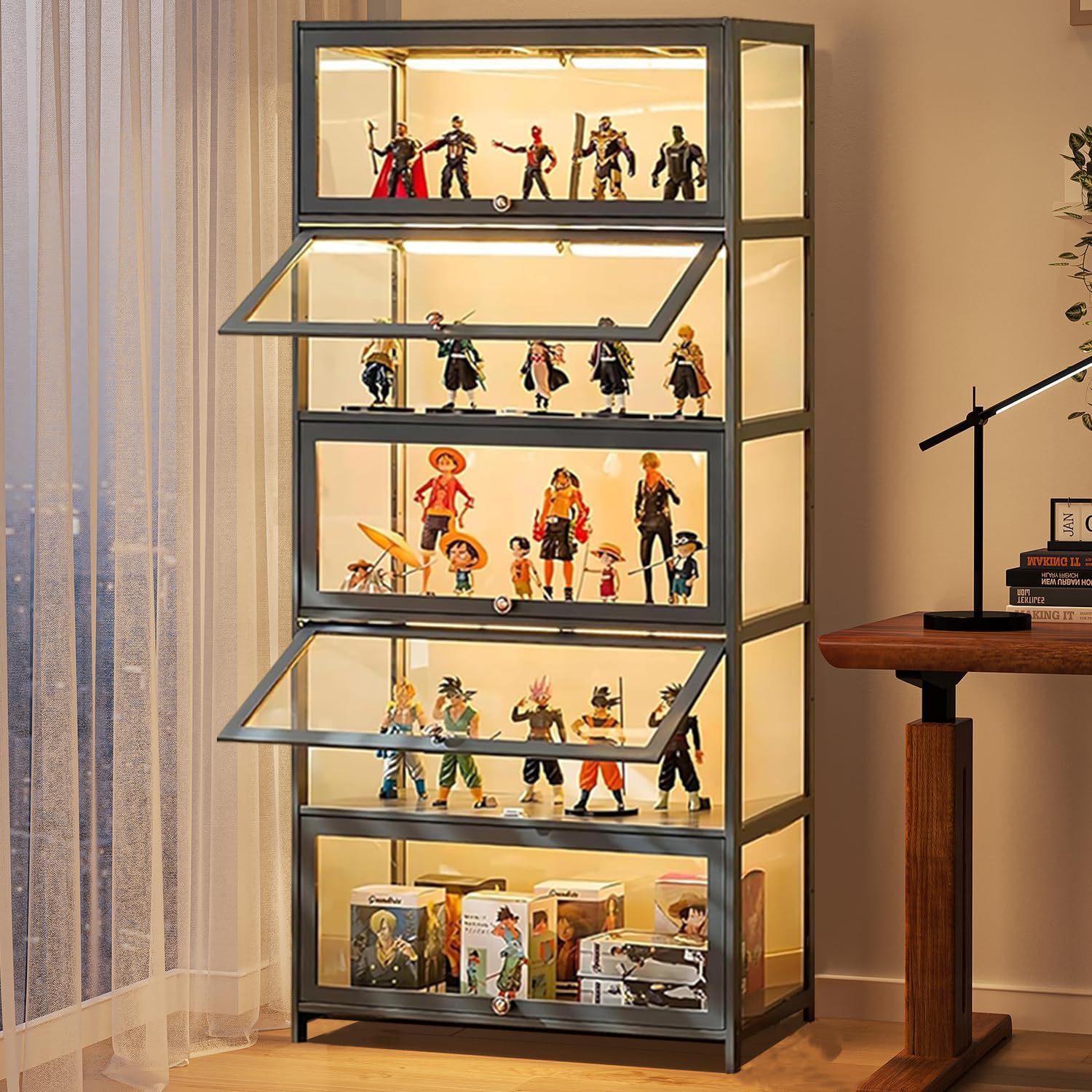 Display Cabinet with Acrylic Glass Door, 5 Tier Curio Display Case, Collectibles Toy Organizers Rack & Display Shelf, Kids Bookcase for Bedroom, Reading Nook, Toddler's Room, Bamboo