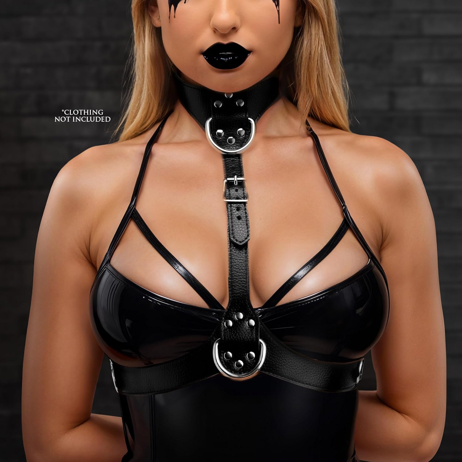 MASTER SERIES Female Chest Harness. Durable Vegan Leather and Adjustable. Large D-Rings and Built-in Collar. 1 Piece, Red.