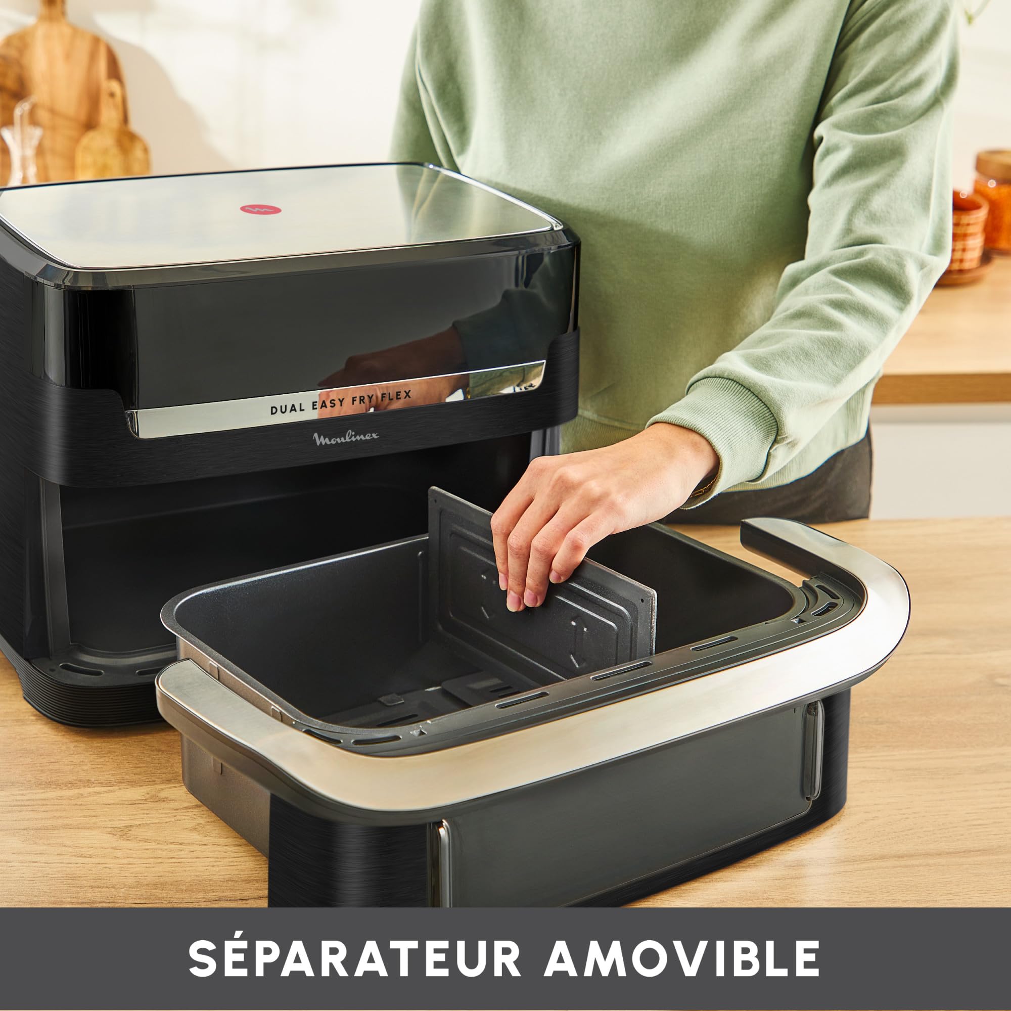 Moulinex Easy Fry Dual Flex, air fryer, Grand tiroir de 9L, Double zone, Séparateur amovible, jusqu'à 8personnes, 7programmes intuitifs, EZ9228F0, noire, Noir