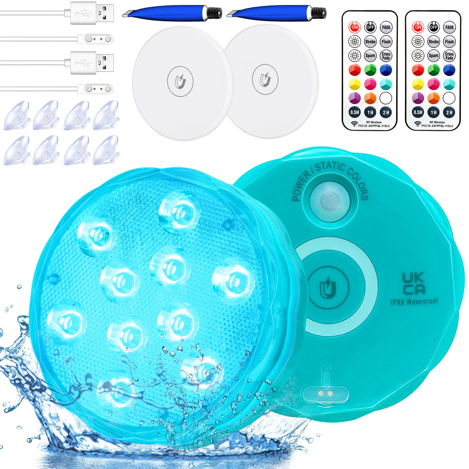 Unterwasser Licht,Wiederaufladbar Poolbeleuchtung mit Eingebauter Batterie,Poolbeleuchtung Unterwasser Magnetische mit Fernbedienung,Wasserdichte RGB Dekolichter für Schwimmbad,Brunnen,Aquarium,2 Pcs