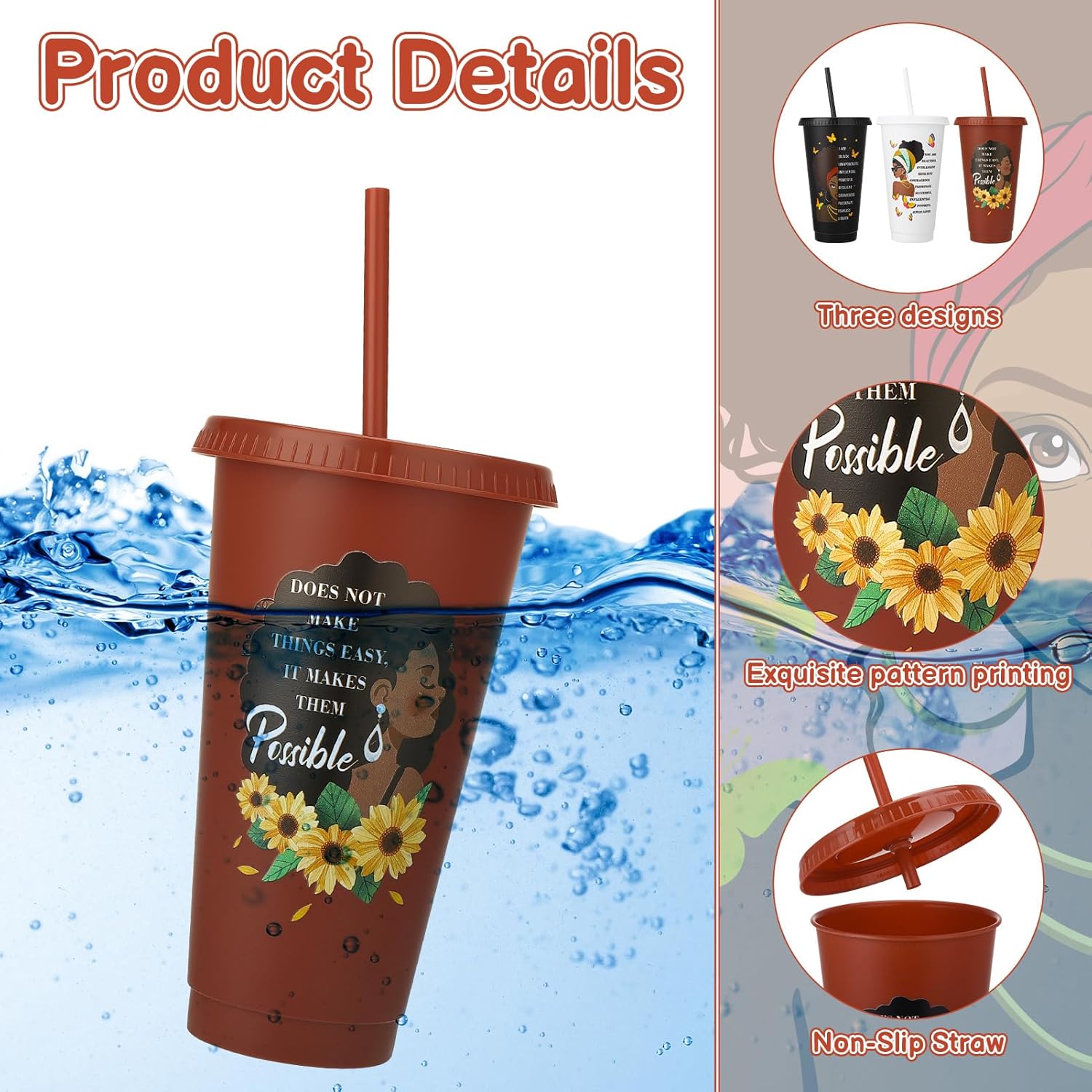 12 Pcs African American Cups with Lids and Straws, 24 oz Black Women Drinking Cups Black Owned Inspirational Gift for Women Lady - Image 3