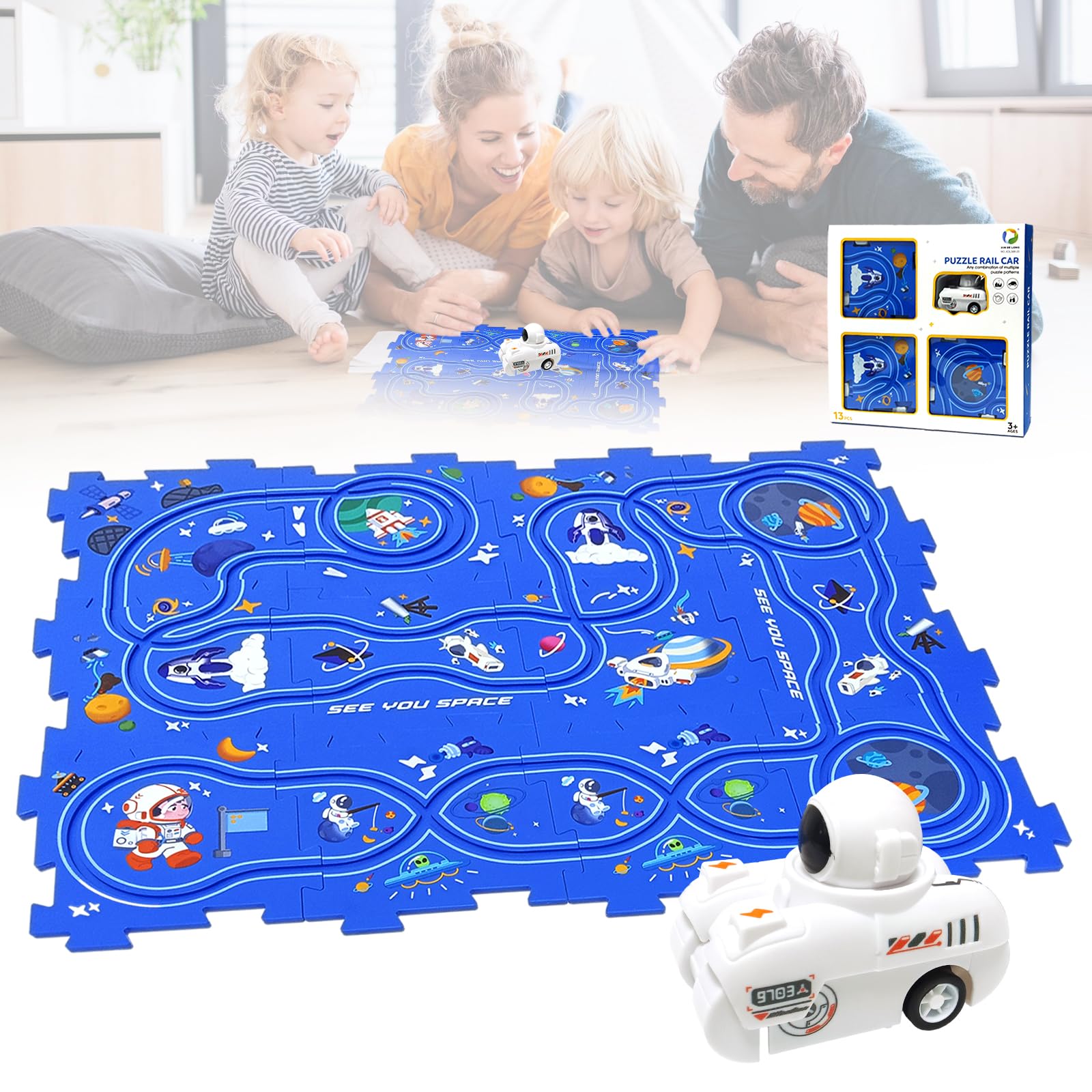 Topsheper Puzzle Track Car Play Set, Puzzle Racer Kids Car Track Set for Children's Educational, Magic Race Jigsaw Tracks kids' play vehicles, Trackmaster Car Race Track Toy for Boys (Space Theme)