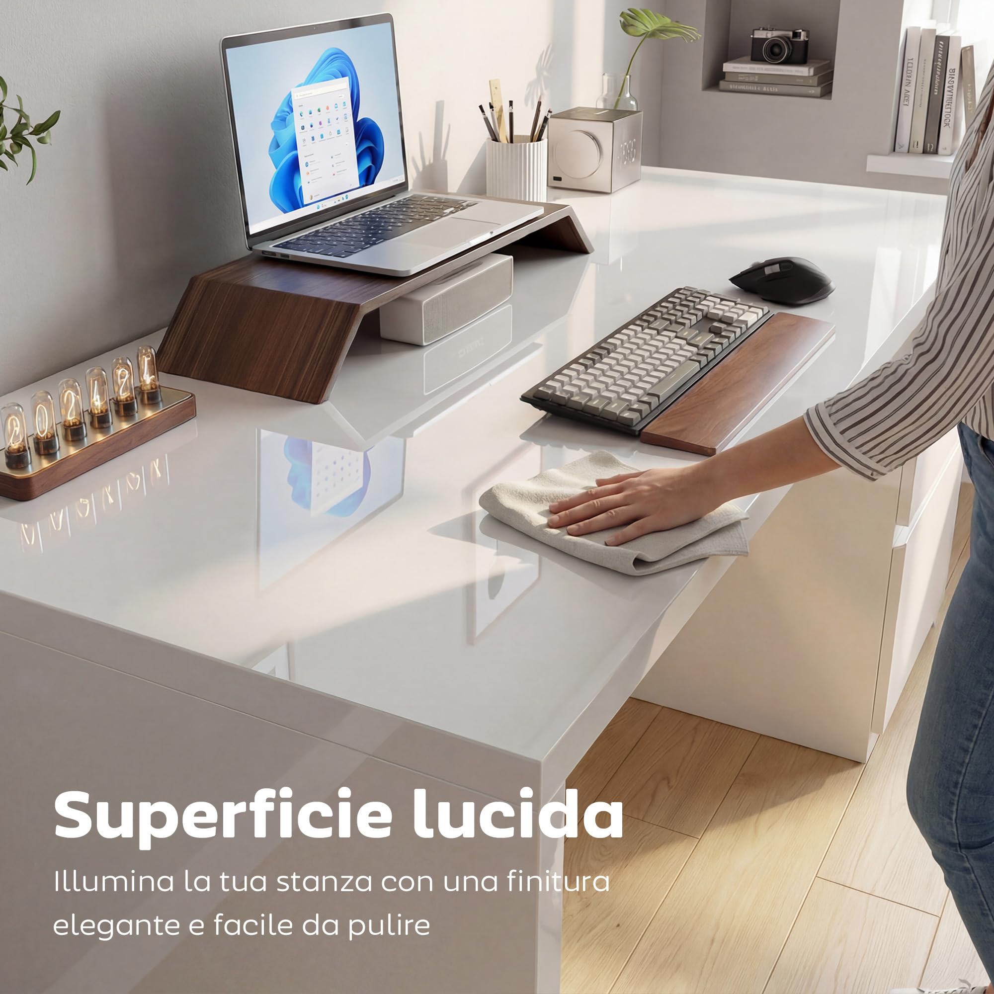 HOMCOM Scrivania Salvaspazio con 4 Cassetti 110x61.5x75 cm Bianco Lucido | Scrivania Moderna, Tavolo Computer, per Casa Studio Camera Ufficio