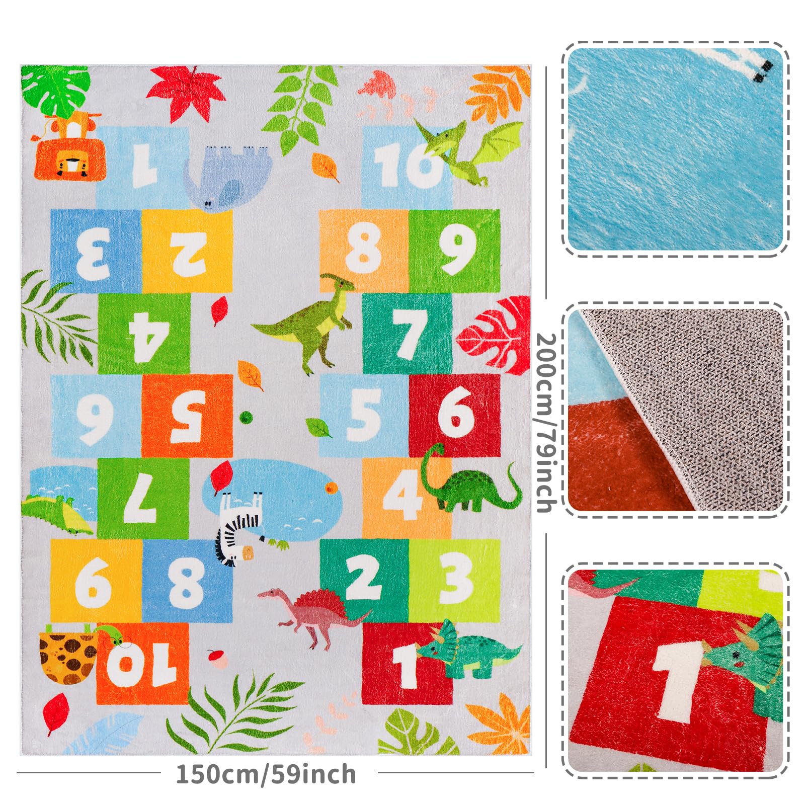 DINSUMRUG Animals and Dinosaurs hopscotch Rug,78.7X59 INCH hopscotch Kids Rugs for playroom,hop Scotch Inside Rug for Kids,Soft hopscotch mat Kids Room Rug for Bedroom Playroom Nursery,Grey