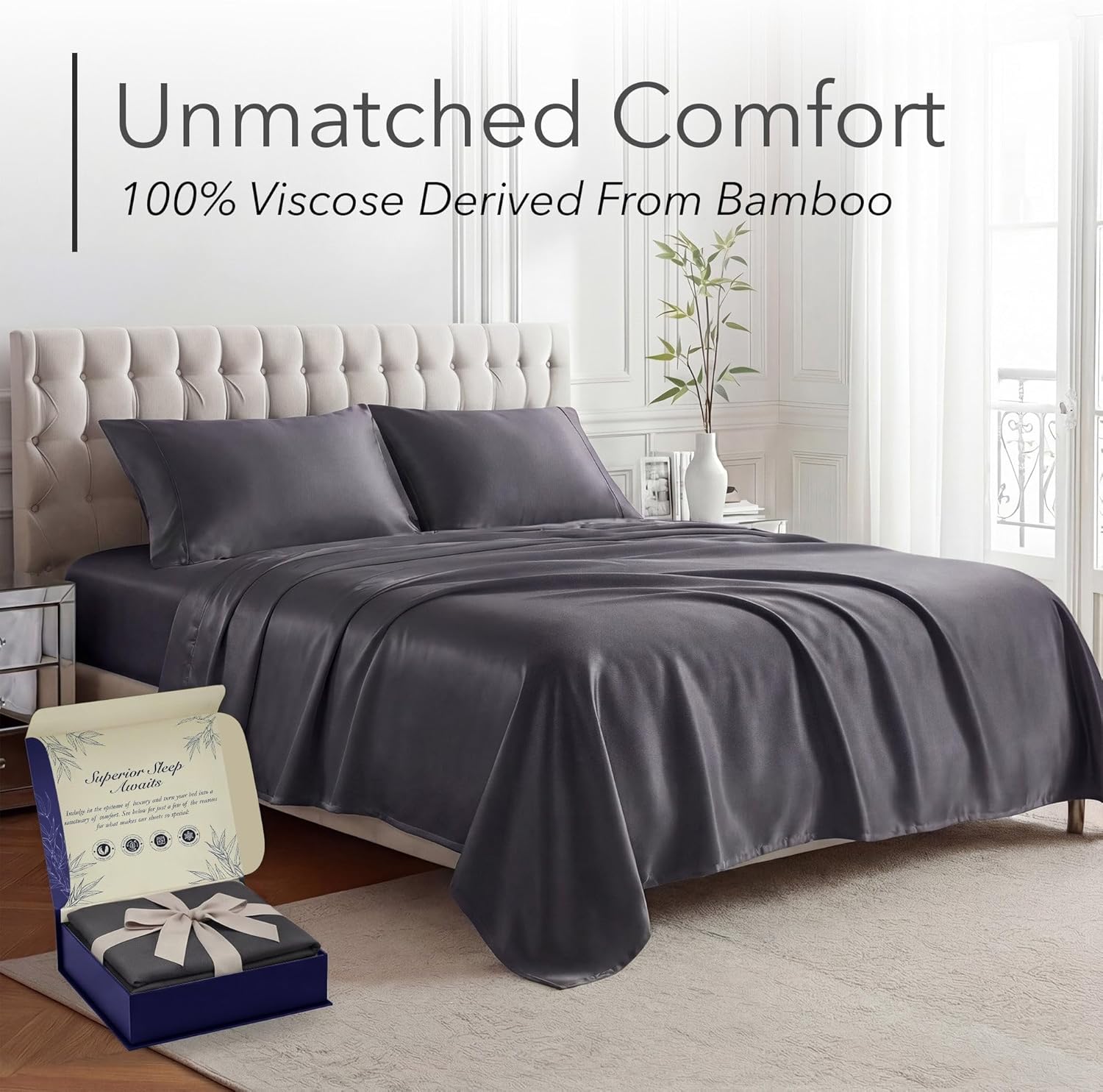 decolure 100% viscose derived from bamboo sheets full size - luxury 4 pc naturally cooling sheets, ultra soft bed set - deep 17" pockets, durable double stitching, oeko tex standard (charcoal) charcoal full