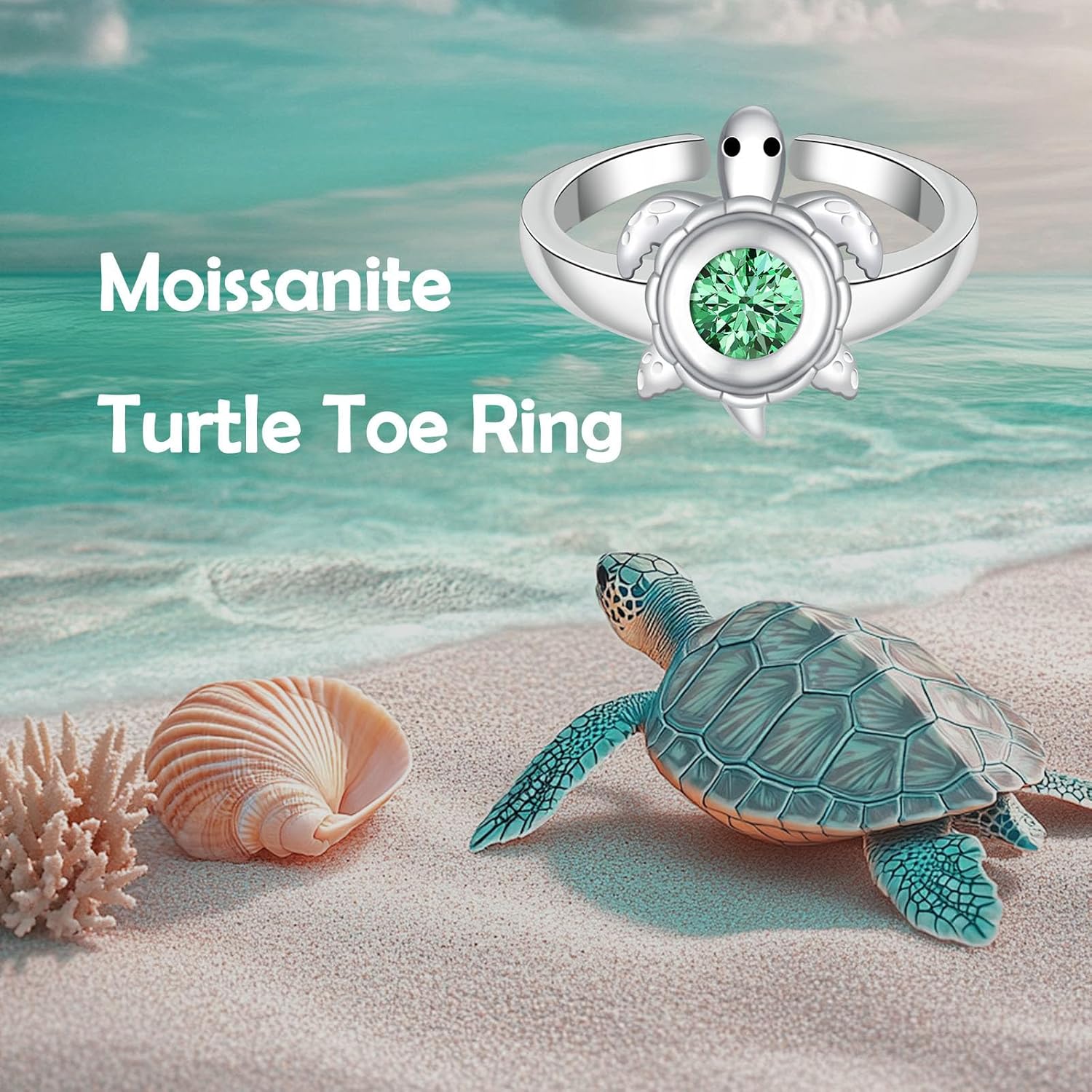 Helonley Moissanite Turtle Toe Ring: 925 Sterling Silver Green Moissanite Turtle Toering Adjustable Ocean Animal Toe Jewelry for Women Beach Vacation