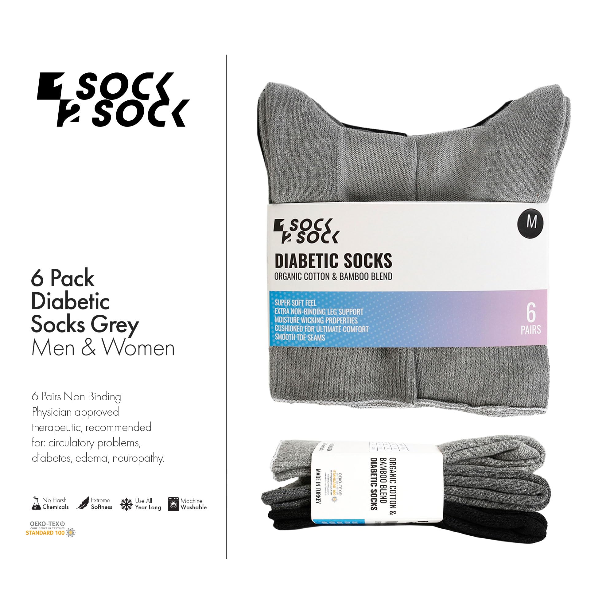 1SOCK2SOCK Paquete de 6 calcetines unisex de bambú de algodón orgánico para diabéticos, terapéuticos, sin ataduras, acolchados, gris, Large