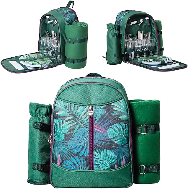 Picnic Backpack for 4|Stylish All-in-One Portable Picnic Bag with Complete Cutlery Set Waterproof Blanket for Camping Outdoor Party|Bring a Wonderful Weekend Time to Your Family