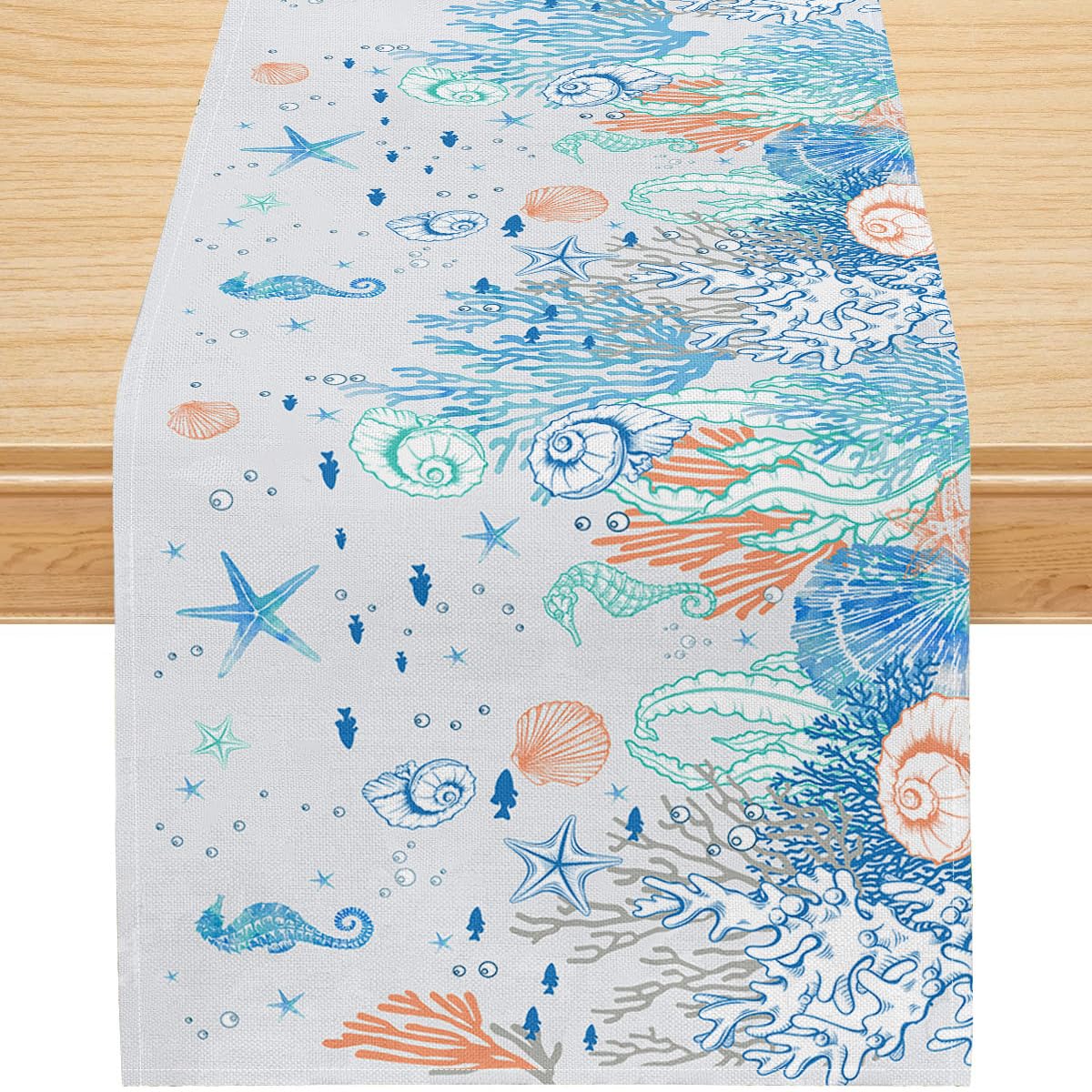 Coastal Beach Table Runner, Watercolor Starfish Seashell Coral Pattern Faux Linen, Nautical Ocean Dining Decor for Summer Home Party 13x36 Inch