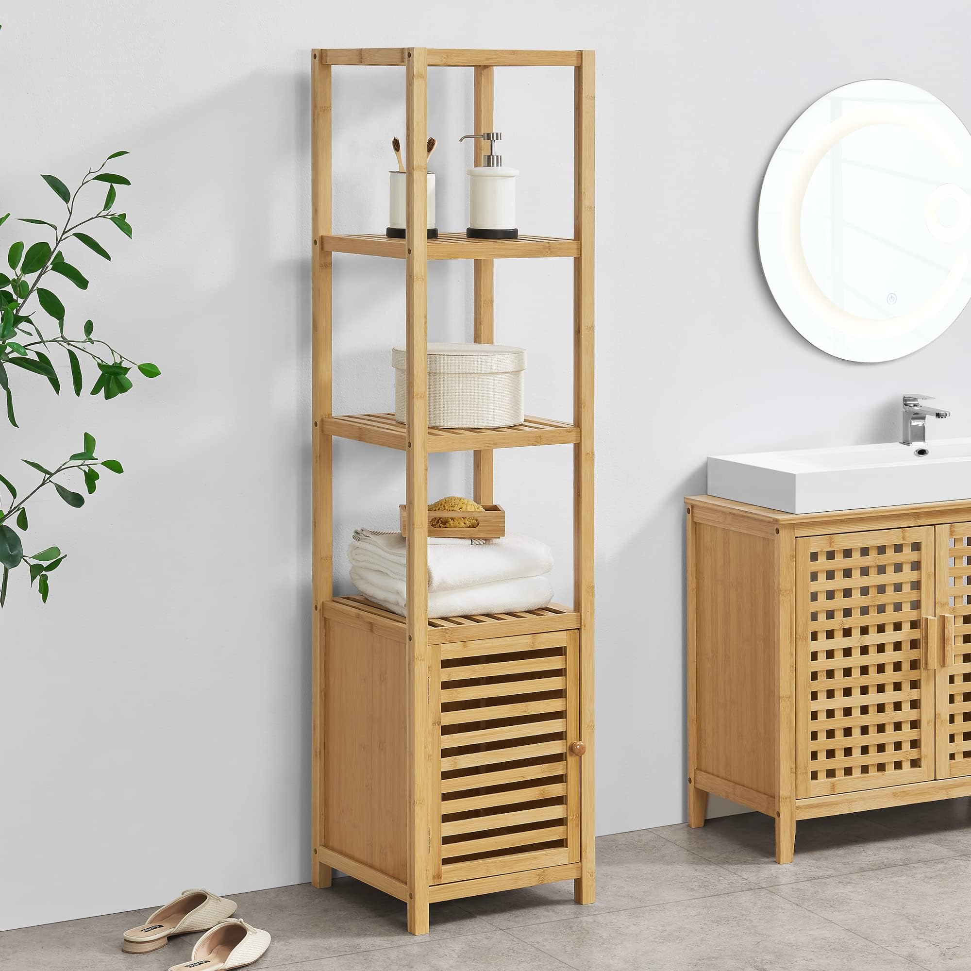Badregal Bambus OVLRIJP Bambus Badschrank 33x33x165cm - Hochschrank Mit 3  Ablagen & Tr Fr Bad, Kche, Flur