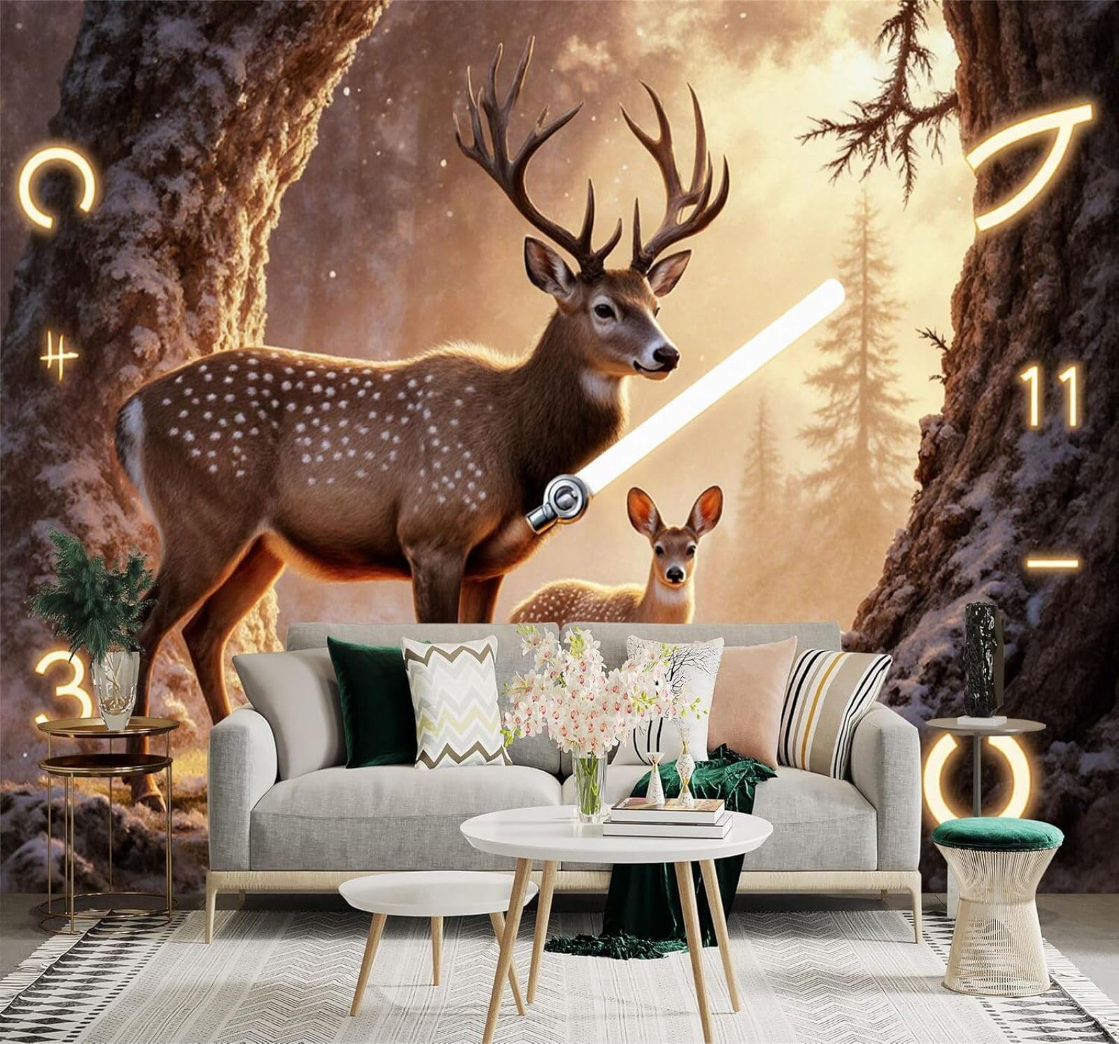 Xlming 350Cm×256Cm(B×H) Winter A Family Of Deer In The Forest Candlelight Snowy Ground 3D Wallpaper Premium Textured Silk Study Dining Living Room Bedroom Sofa Tv Wall Easy Install-350Cm×256Cm