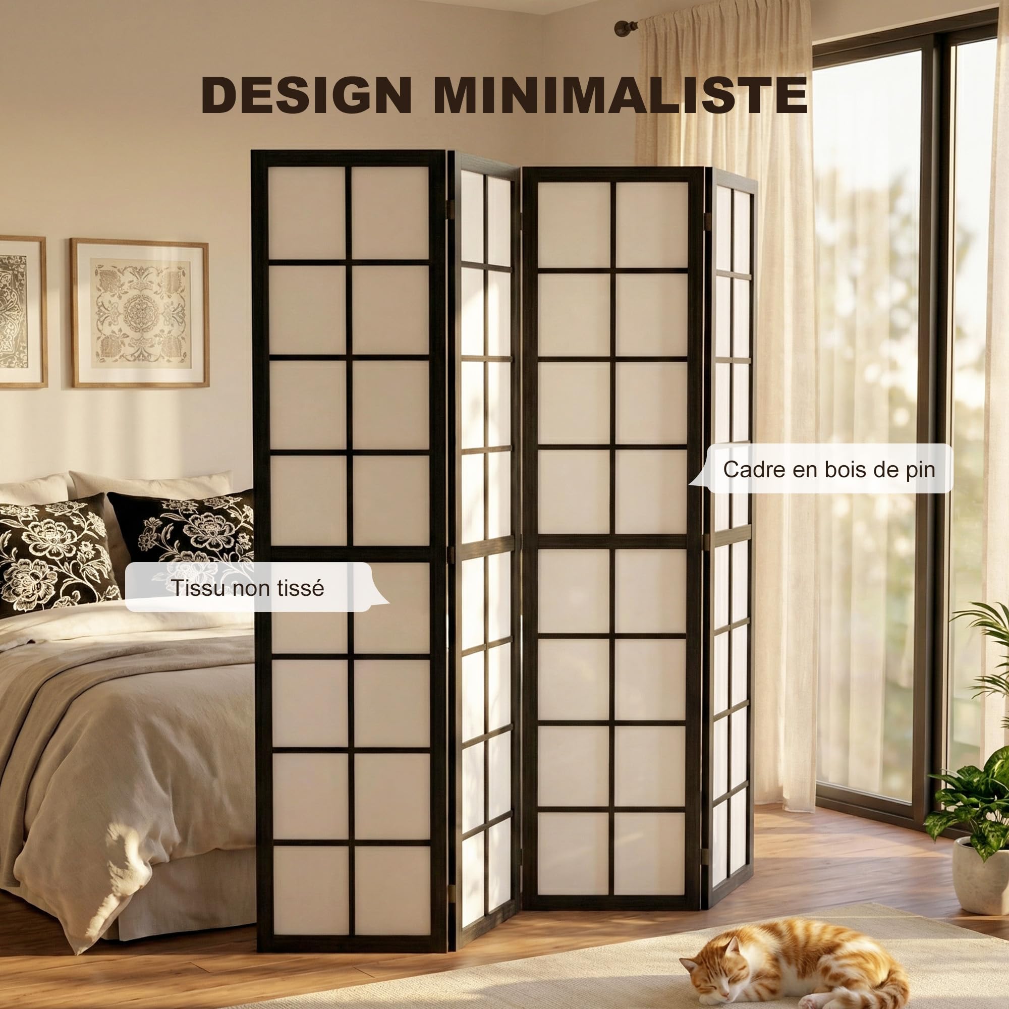 HOMCOM Paravent Intérieur Pliable 4 Panneaux 160 x 170 cm en Bois Noir | Séparateur de Pièce, Cloison de Séparation, pour Salon, Chambre à Coucher, Maison