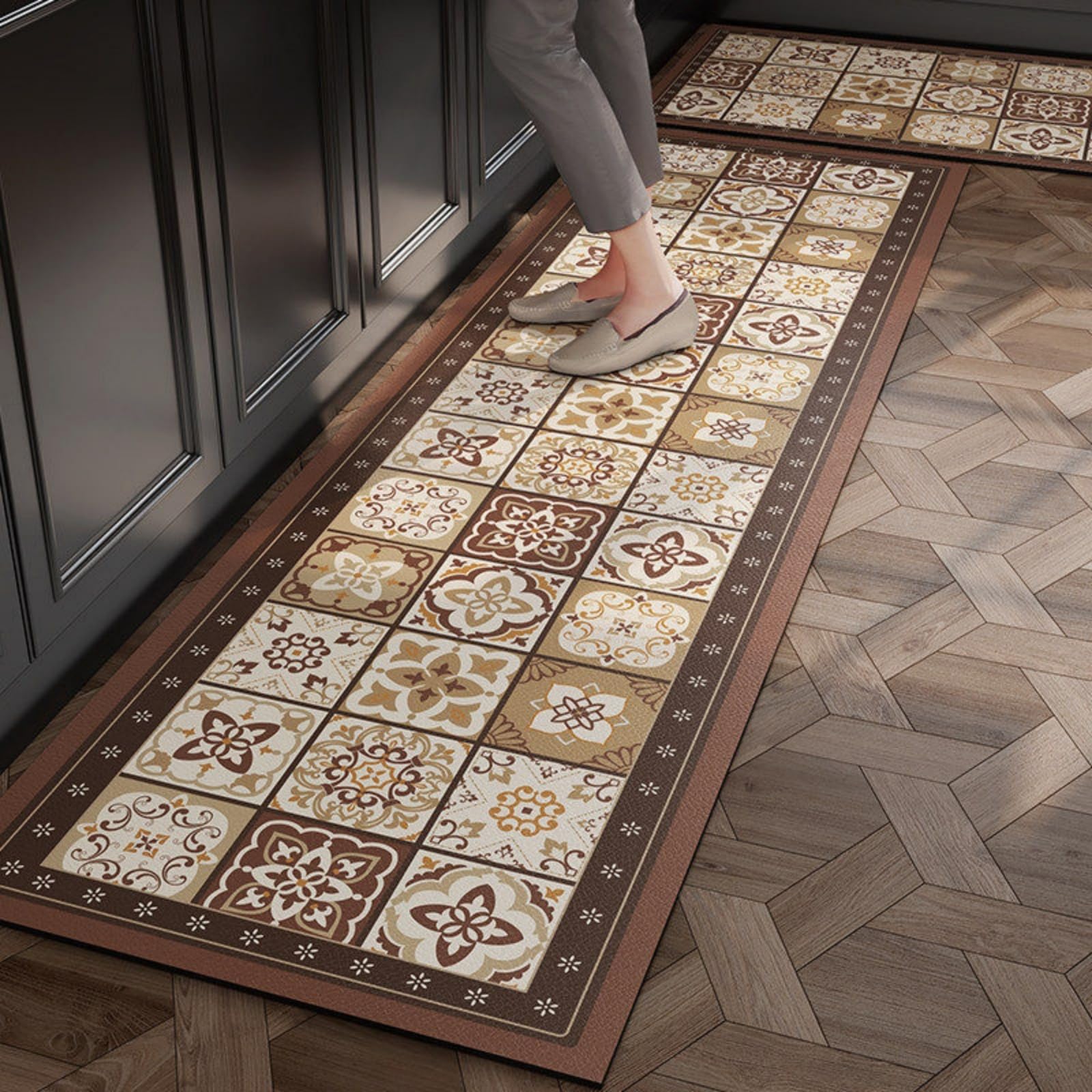 Tapis cuisine 40x120 lavable et tapis devant évier en cuir jaune marron
