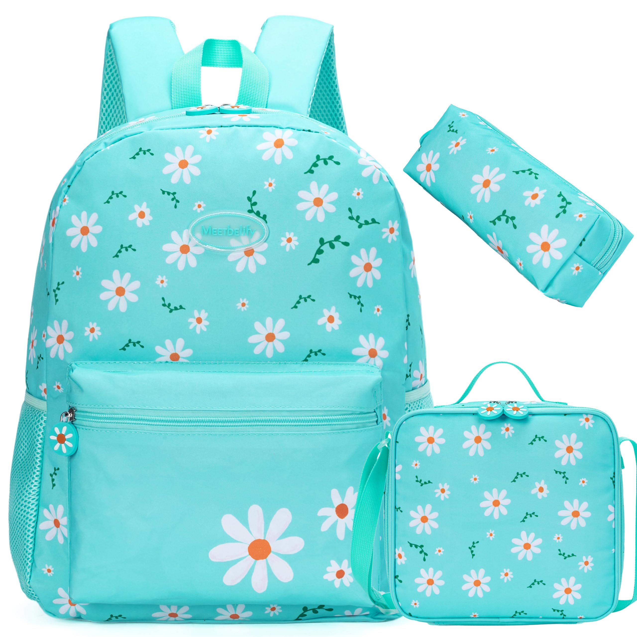 Meetbelify Backpacks for Girls School Backpacks with Lunch Box Pencil Case Kids Daisy Canvas Travel Bag for Elementary Student