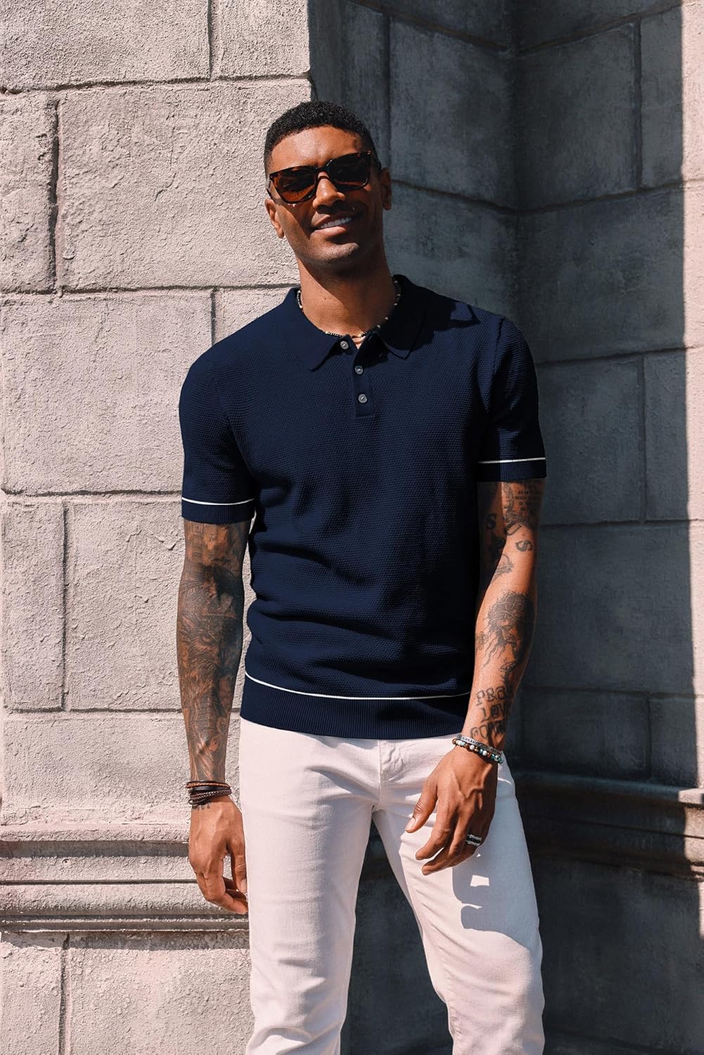 PJ PAUL JONES Mens Knit Polo Shirts Short Sleeve Textured Polo Shirts Sretchy Regular Fit - Image 3