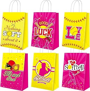 24 Pcs Softball Party Bags Gift Treat Bag Softball Goodie Bags Favors Paper Candy Bags with Handle for Sports Theme Birthday Baby Shower Party Decorations Supplies, 6 Designs