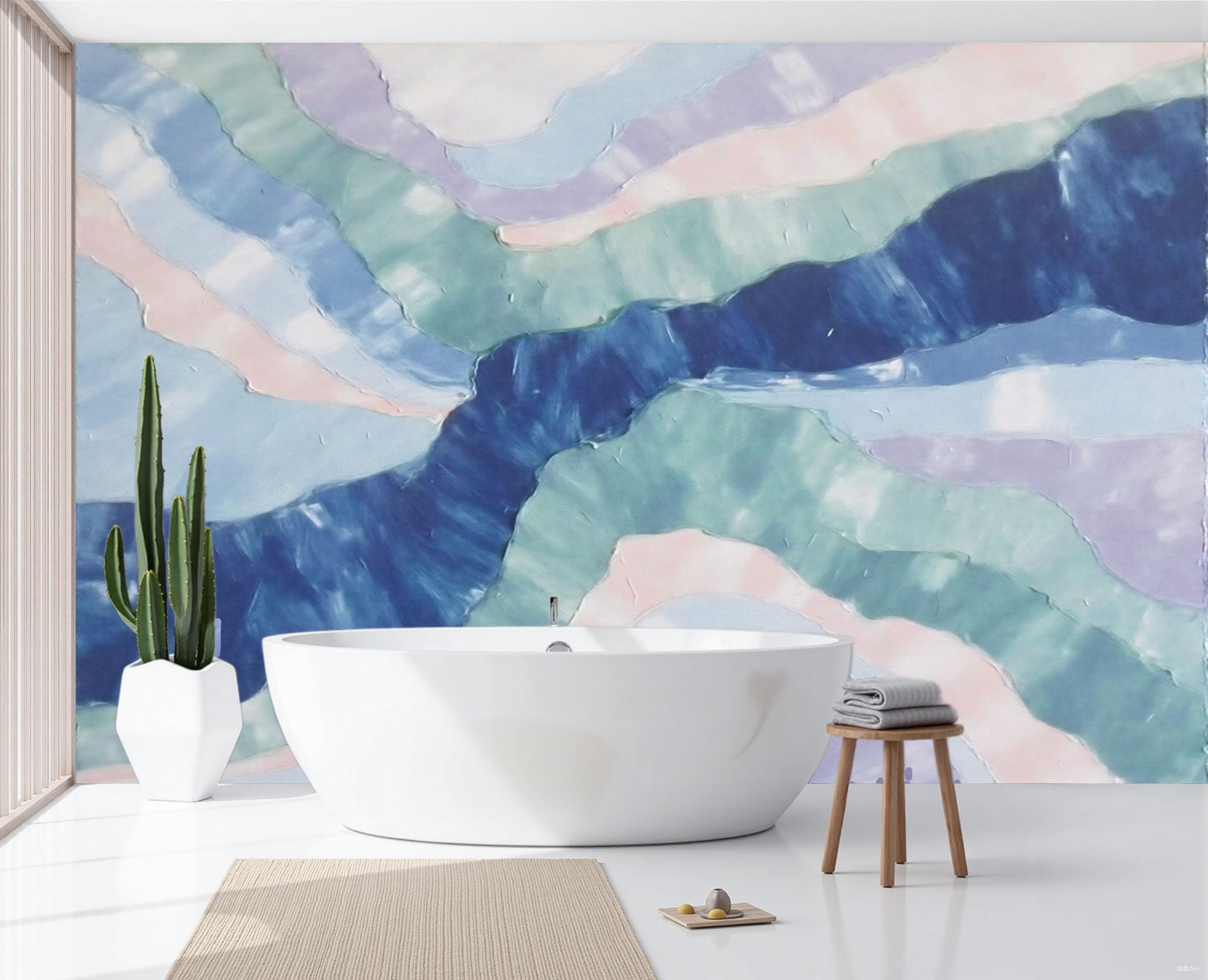 Papier peint panoramique bleu 400x280cm pour masquer les défauts d'un grand mur de salon