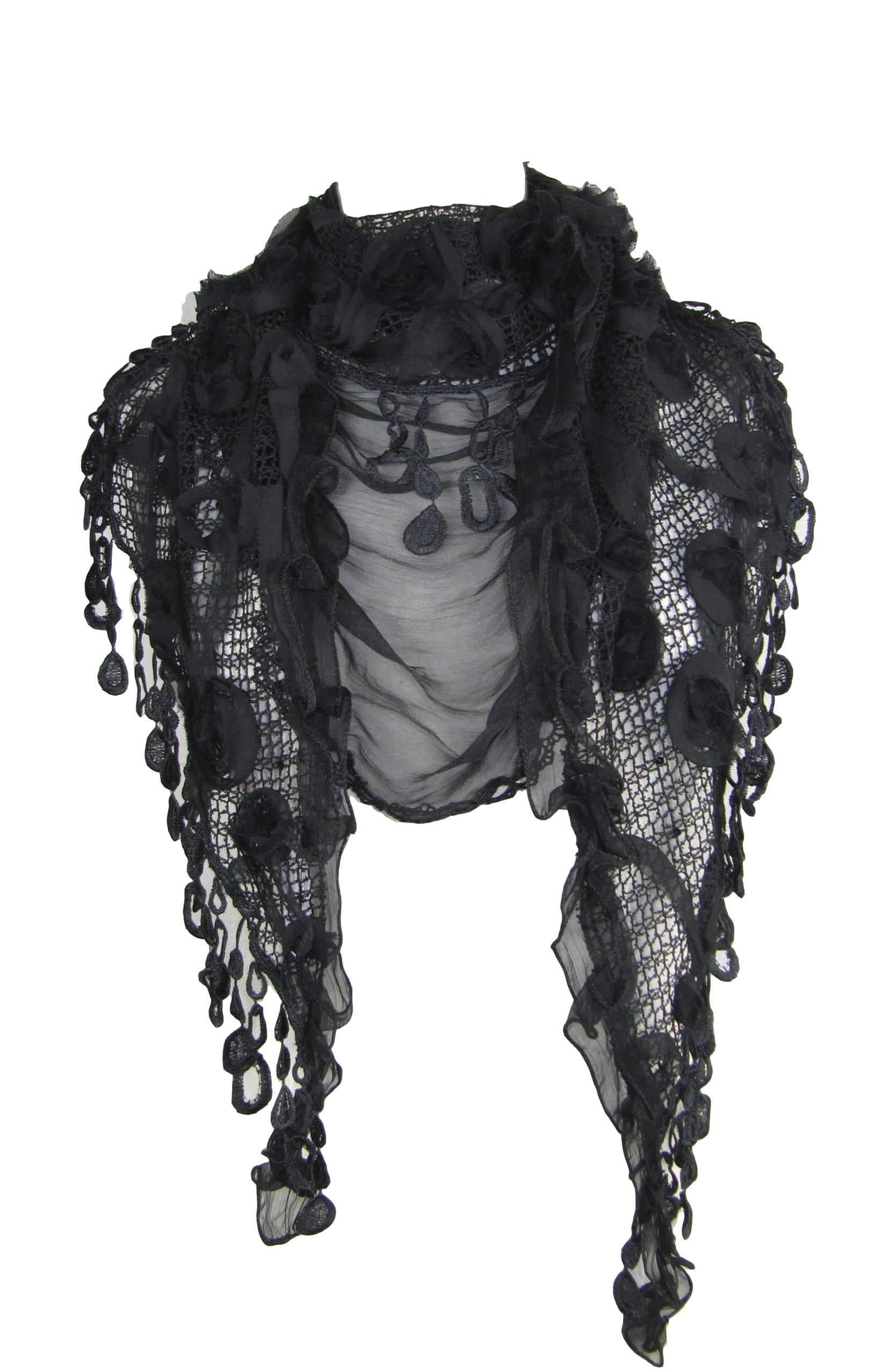 Large triangle scarf shawl wrap - silk blend, rose print and vintage lace tassels (Black)