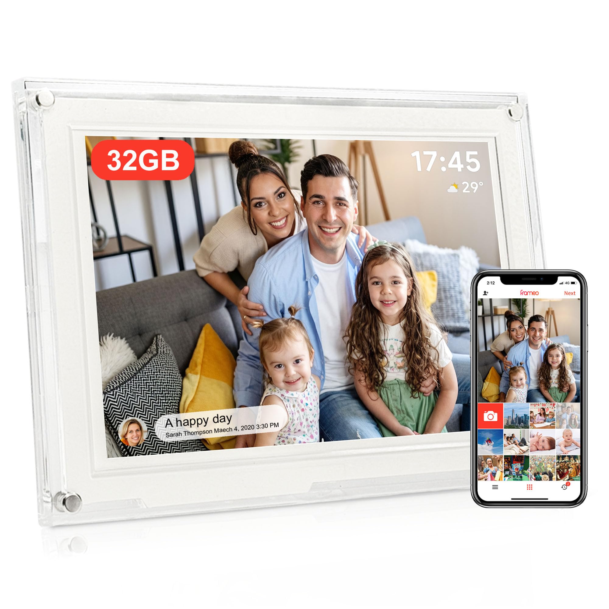 Frameo 10,1 Zoll WiFi Digitaler Bilderrahmen, 1280x800 HD IPS Touchscreen Foto Rahmen, 32GB Speicher, Automatische Rotation, Teilen Sie Fotos sofort von überall aus