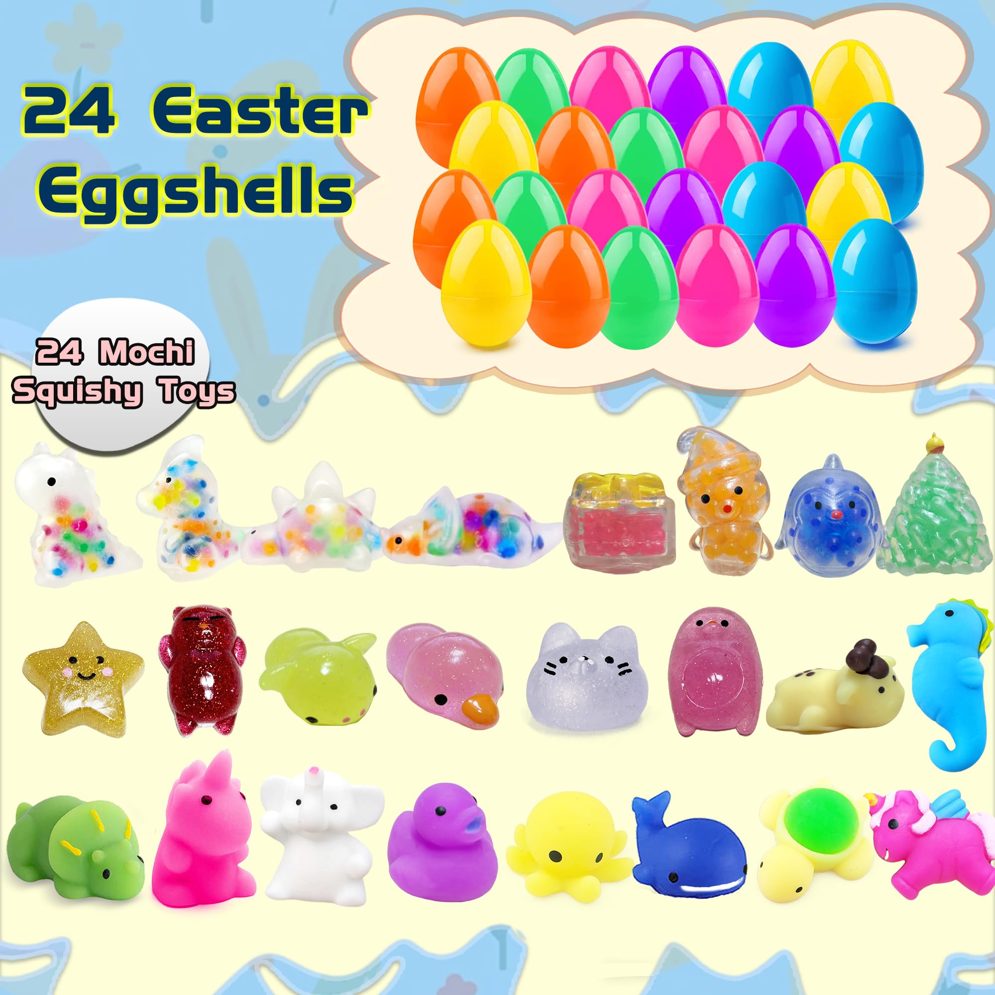 Uova Di Pasqua Preriempita Con 24 Pezzi Di Mini Mochi Toys, 24 Pezzi Uova Di Plastica Colorate Piene Di Giocattoli,Antistress Mochi Toys, Caccia All'Uovo Di Pasqua,Regalo Bambini Pasqua