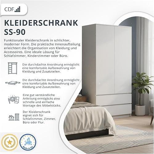 CDF Armadio Camera da Letto 2 Ante 2 Cassetti 90 cm Bianco - 4