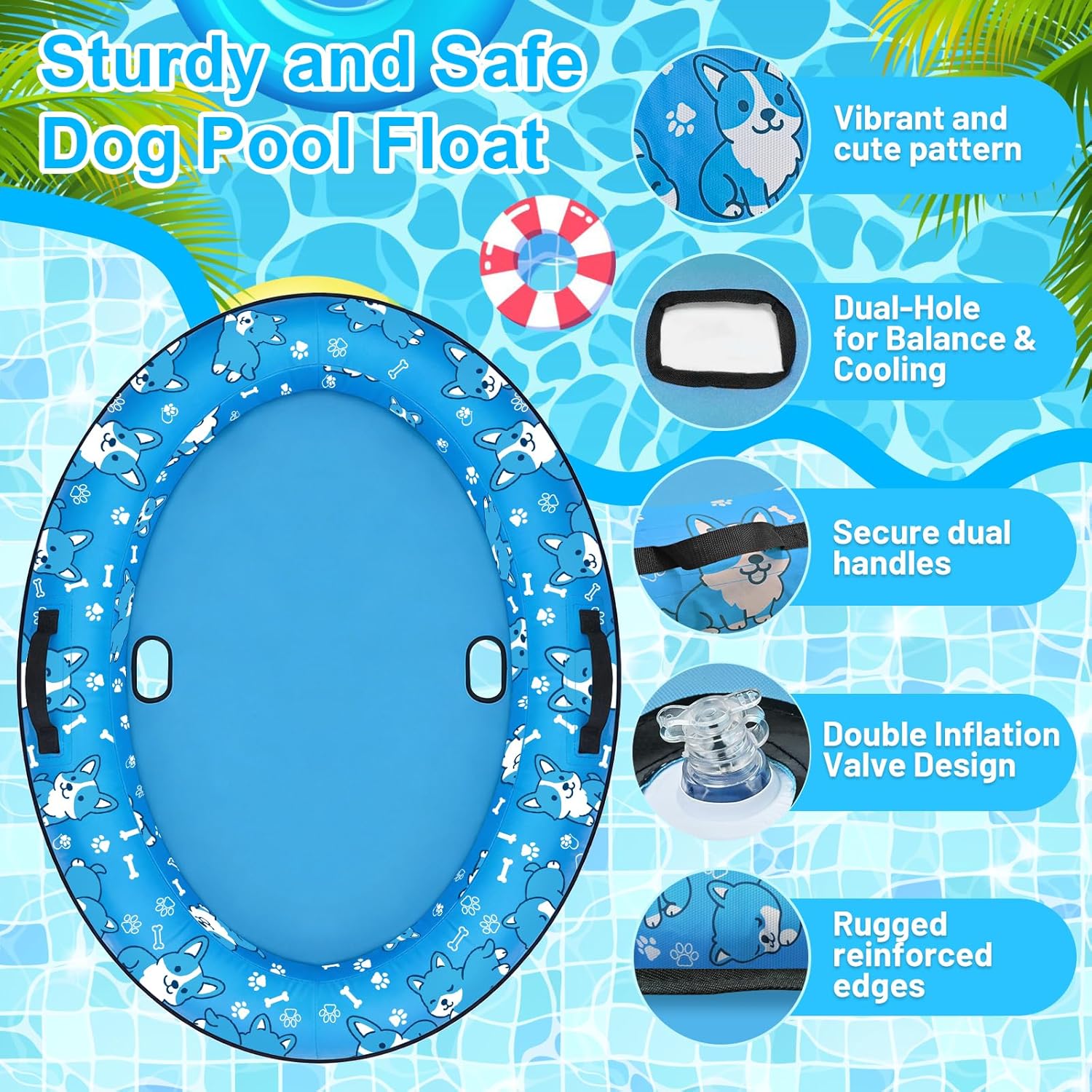55"x35" Large Dog Pool Float, Inflatable Dog Floats for Lake, Dogs Pool Raft with Rope, Tear-Resistant Stable Support Puppy Floatie for Small Medium Large Doggies, up to 70 Lbs