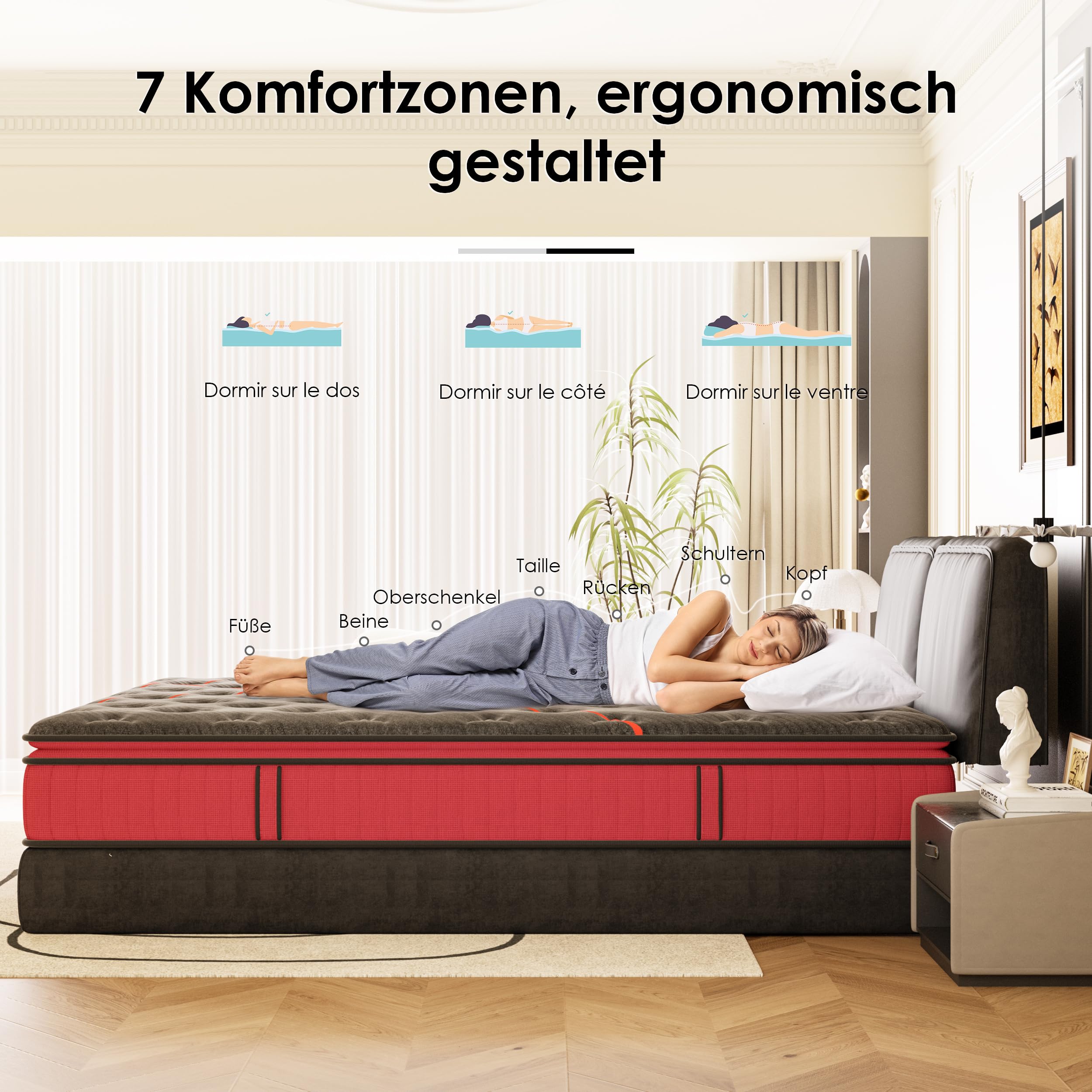 DEWINNER Matelas 160x200 cm丨Épaisseur 30 cm丨Mousse à Mémoire de Forme | Ressorts Ensachés丨7 Zones Ergonomiques丨Hybride丨Fermeté Moyenne丨Respirant et Anti-Humidité